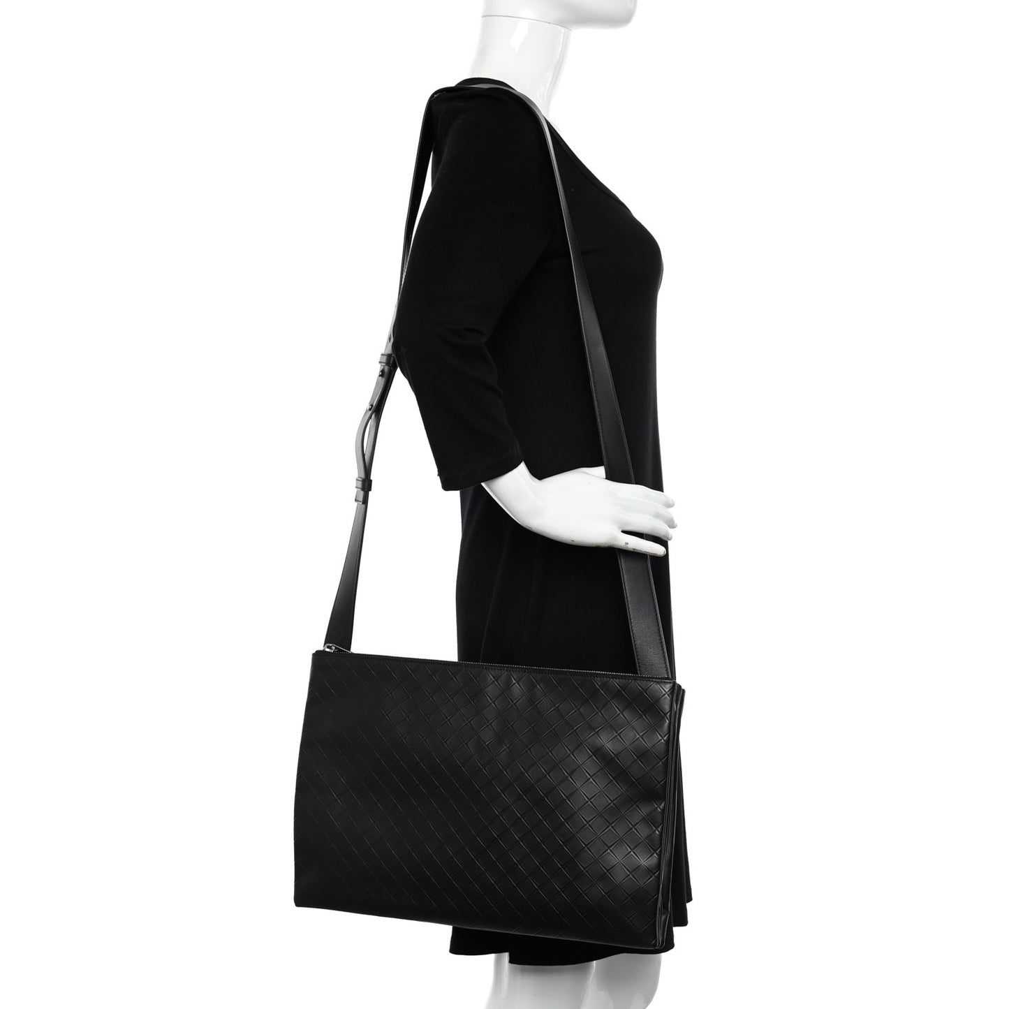 Intrecciato Embossed Triple Zip Messenger Bag Black