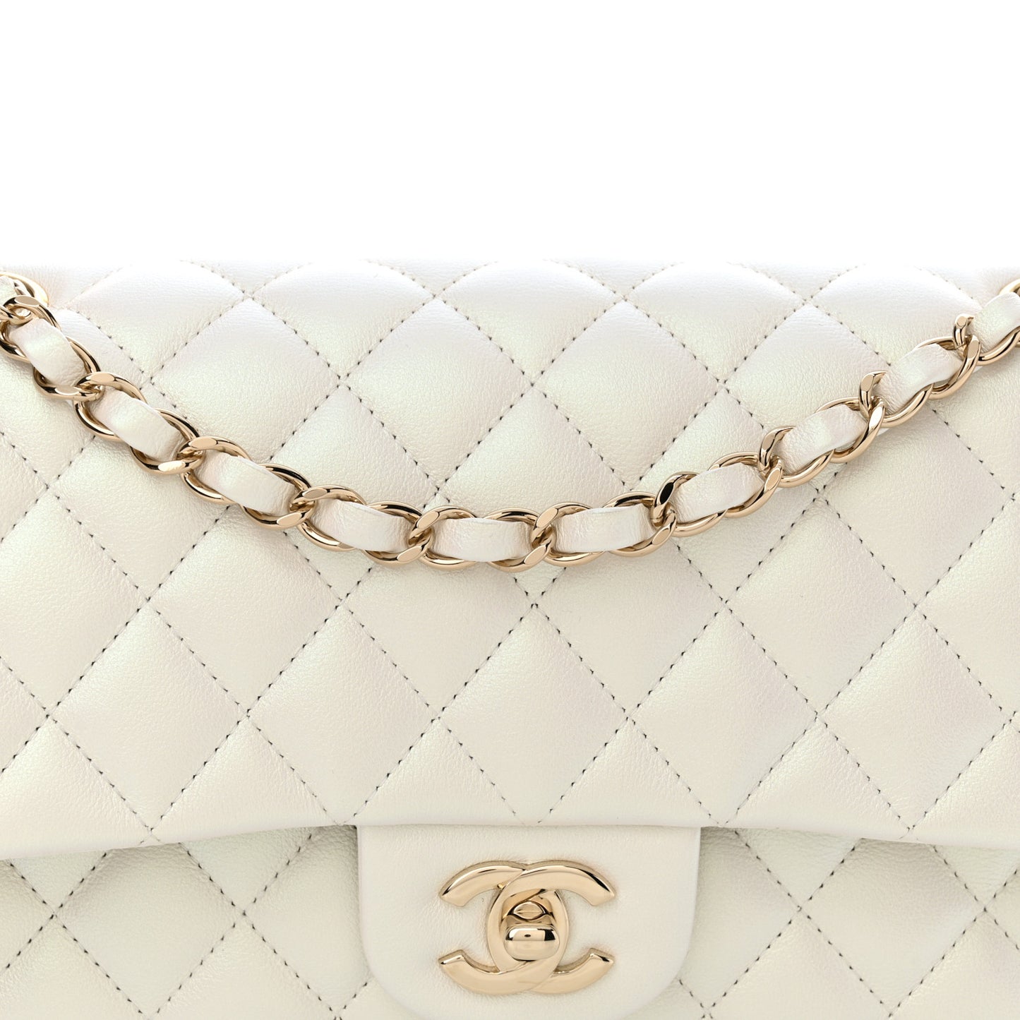 Iridescent Calfskin Quilted Medium Double Flap White