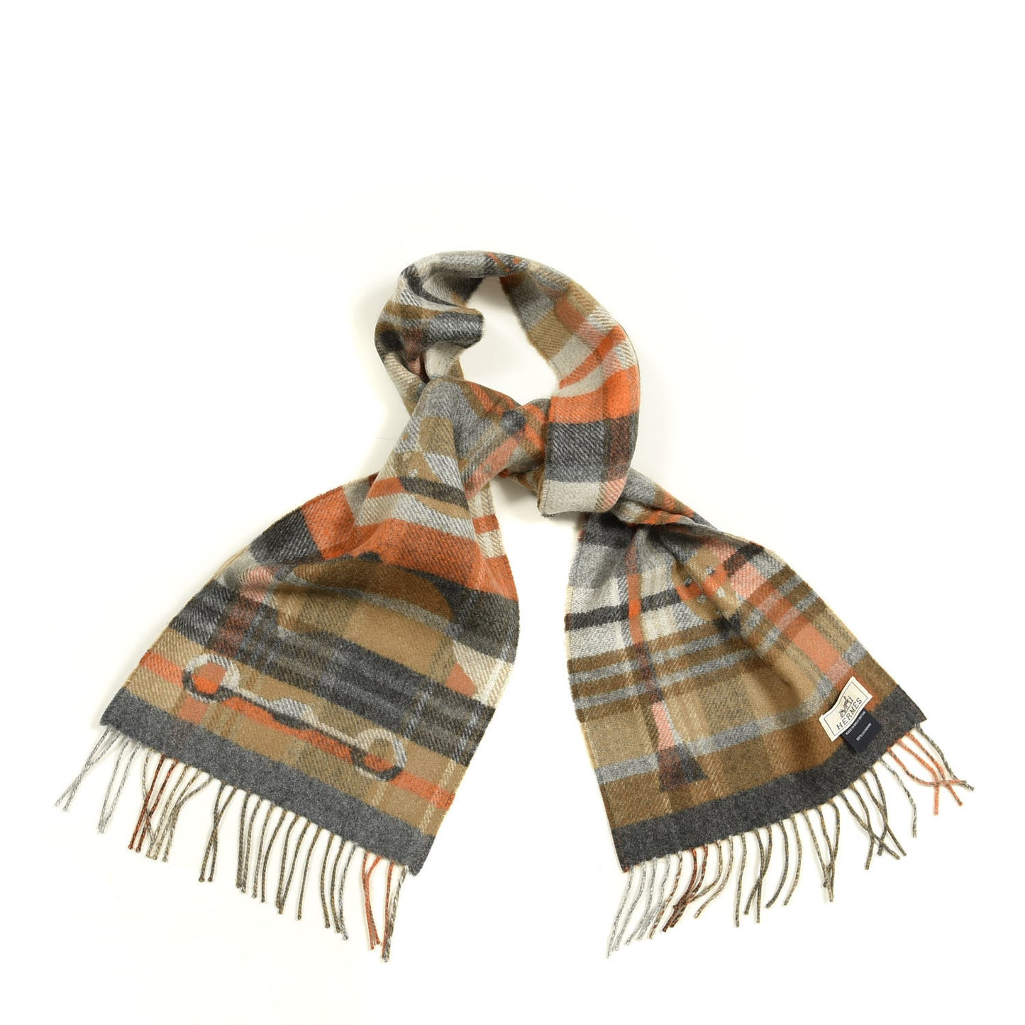 Cashmere HER-MES Tartan Muffler Camel Beige Orange Gris