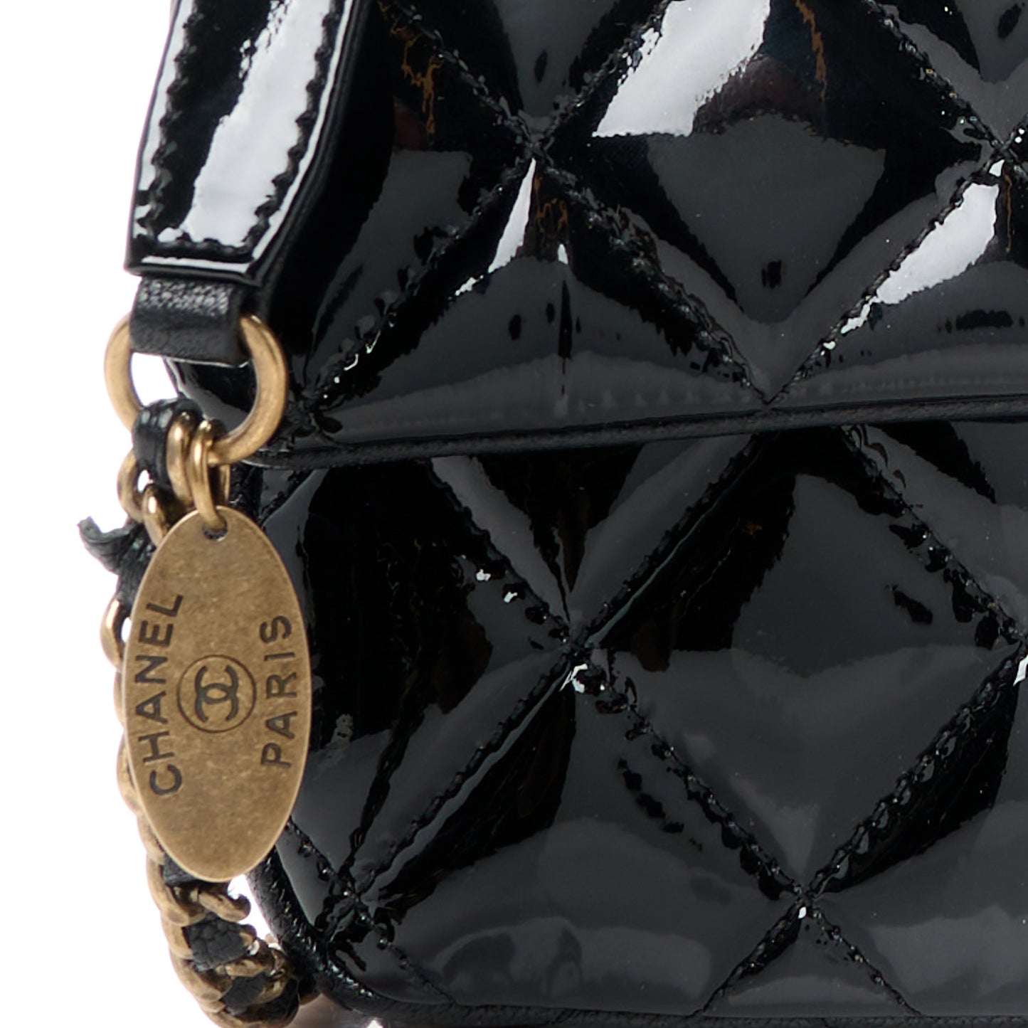 Patent Goatskin Quilted Medium CC Eyelet Flap Black