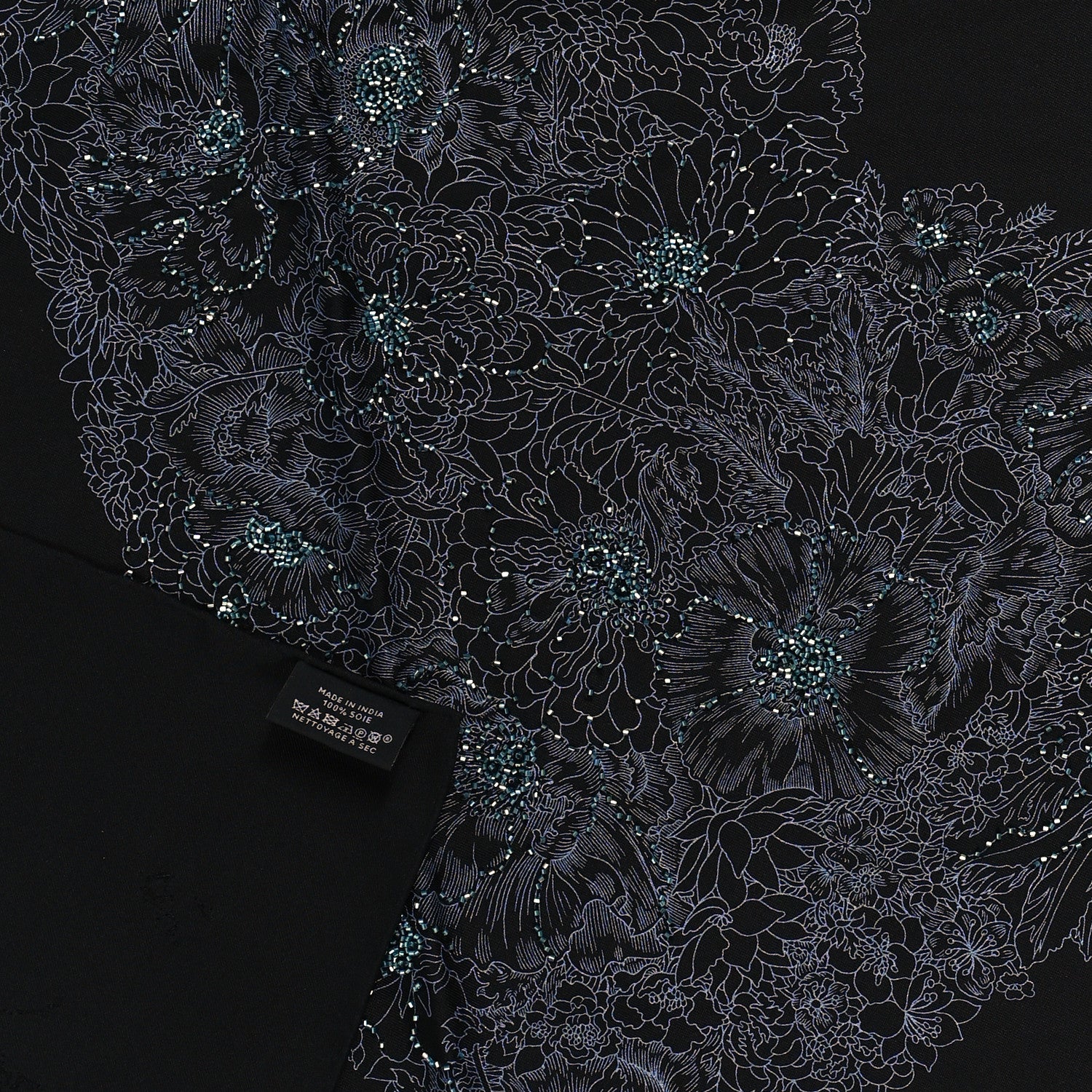 Hermes Silk Embroidered Robe Legere Scarf 90 Black Bleu 3 of 4
