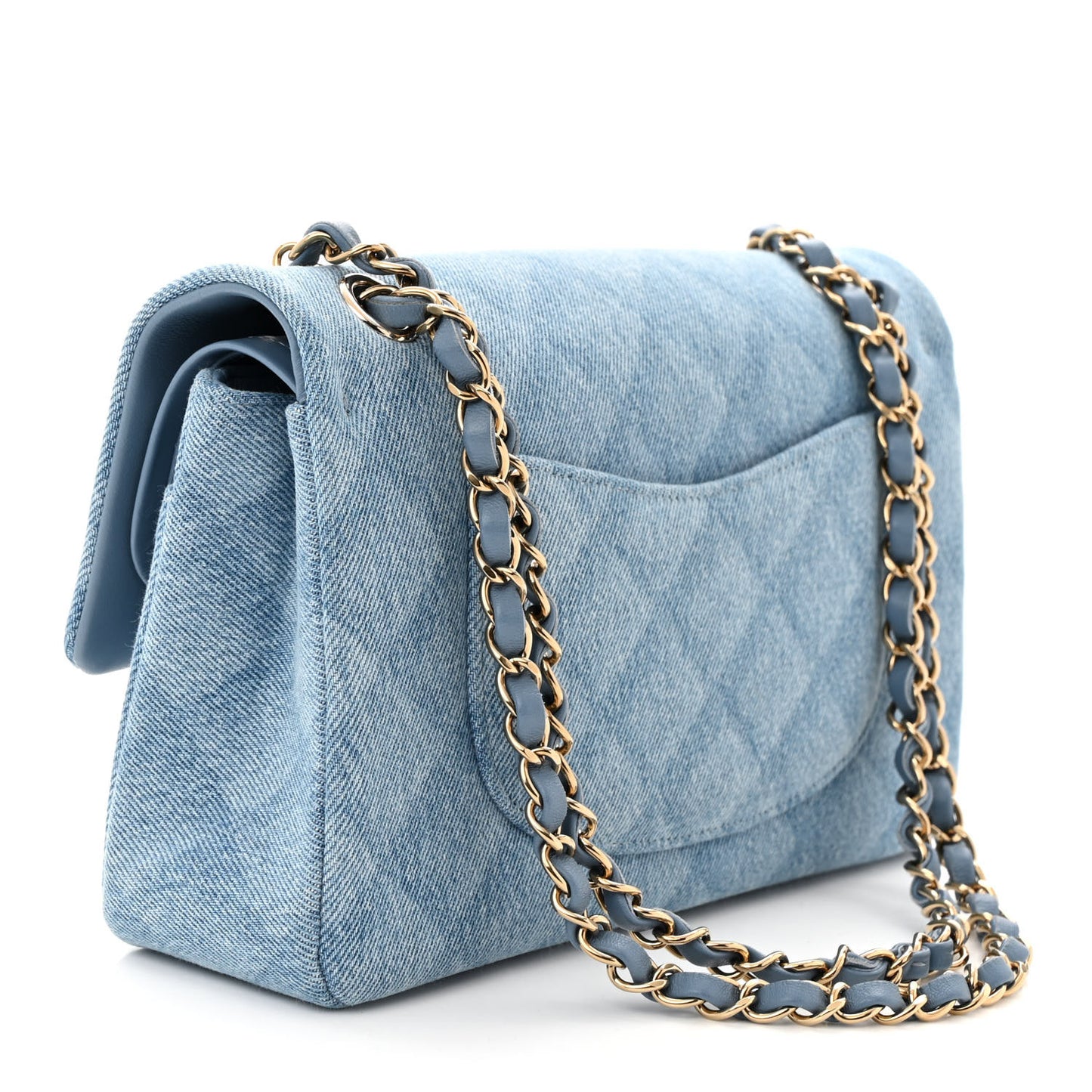 Printed Denim Quilted Medium Double Flap Light Blue