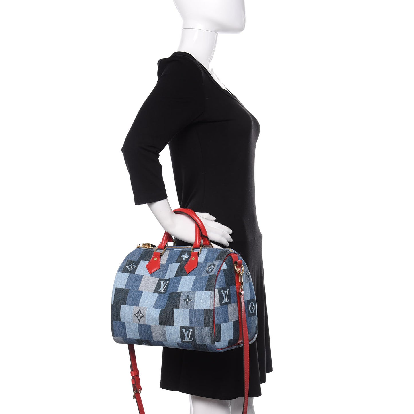 Denim Damier Monogram Patchwork Speedy Bandouliere 30 Blue Rouge