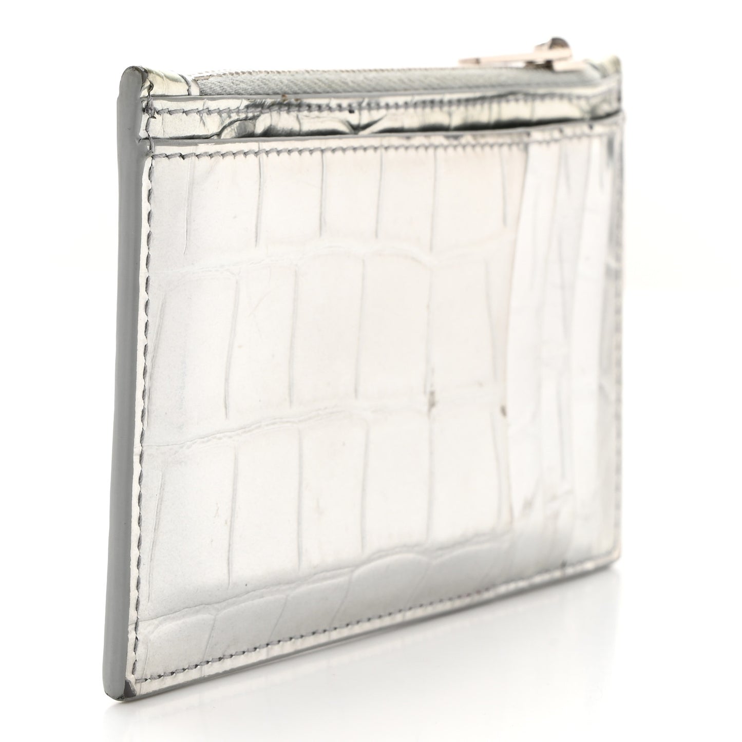 Metallic Calfskin Crocodile Embossed Hourglass Long Coin Case Card Holder Silver