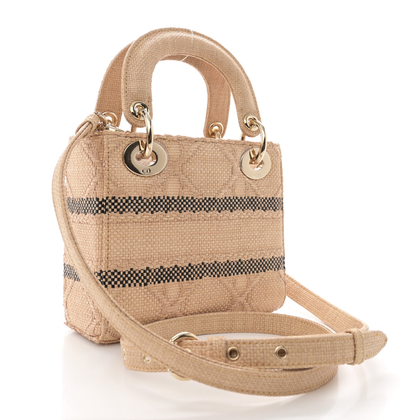 Raffia Woven Cannage Embroidered Mini Lady D-Lite Natural Black