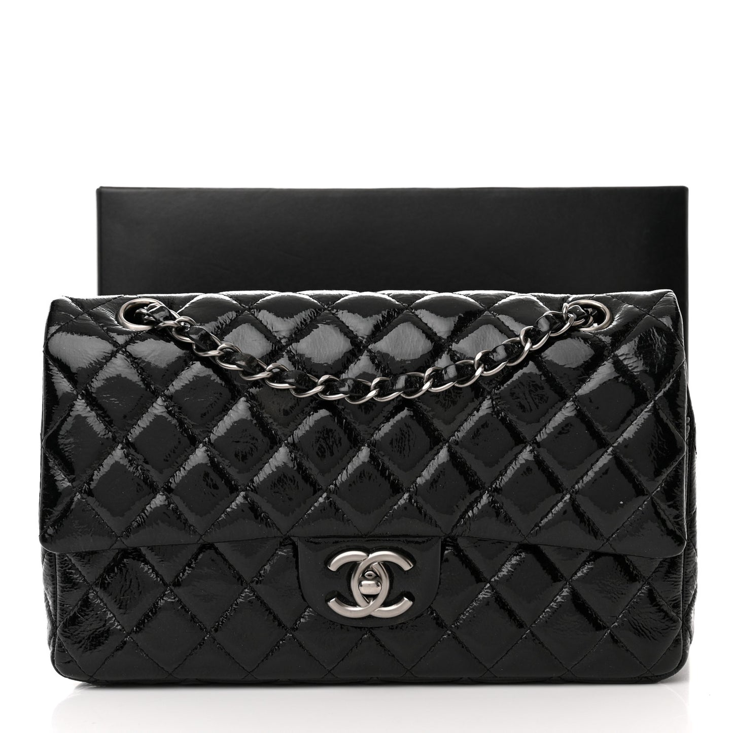 Distressed Patent Quilted Medium Double Flap Black