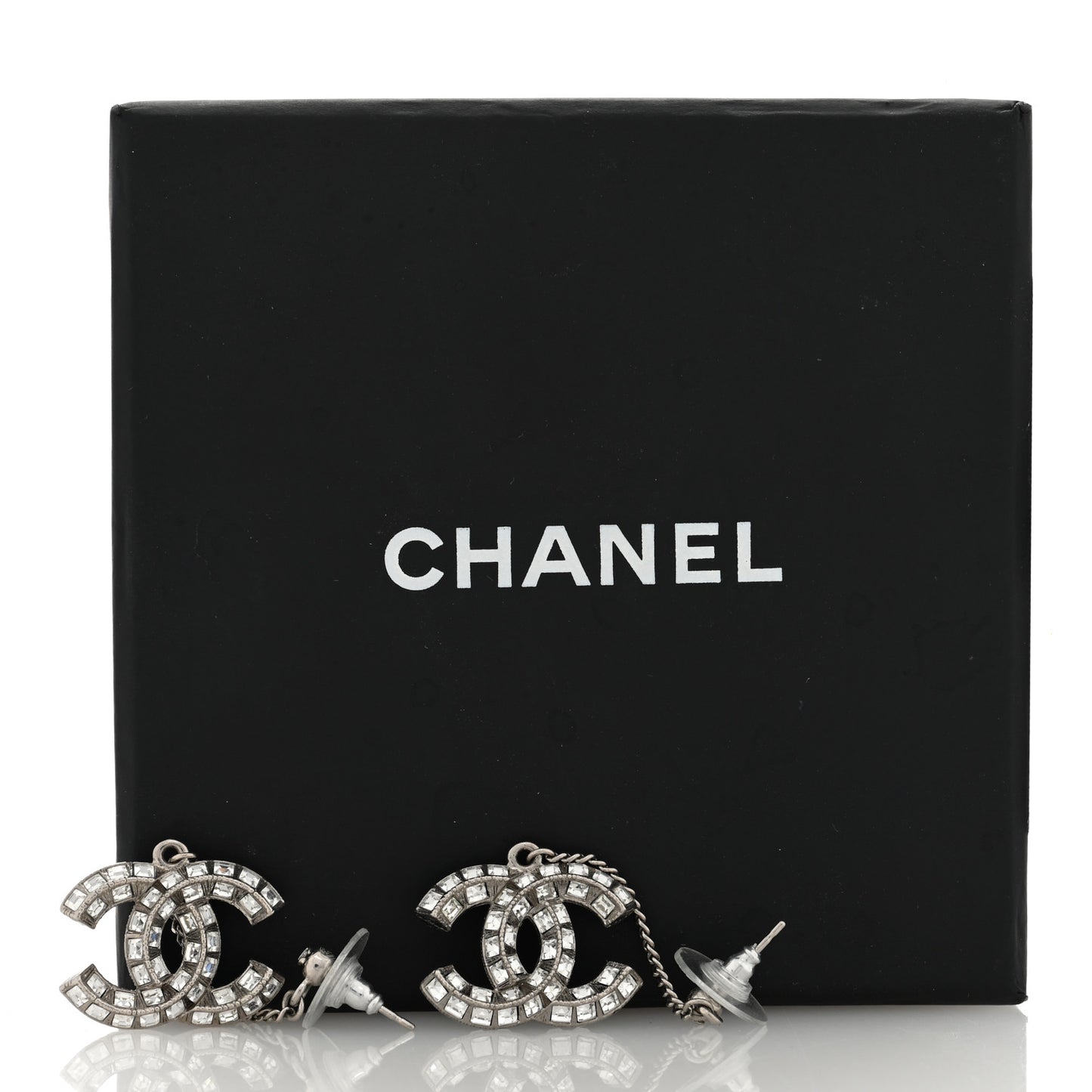 Crystal Baguette CC Drop Earrings Silver
