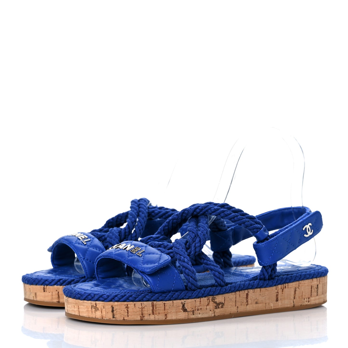 Cord Lambskin Quilted Logo Sandals 37 Blue