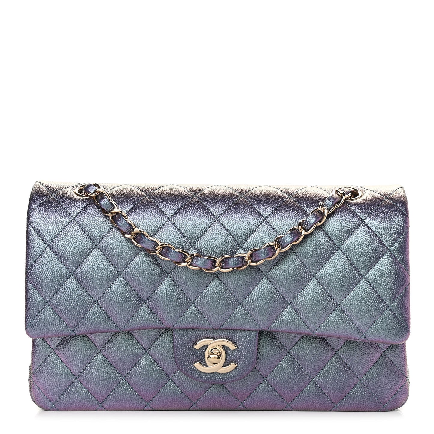 Iridescent Caviar Quilted Medium Double Flap Dark Blue