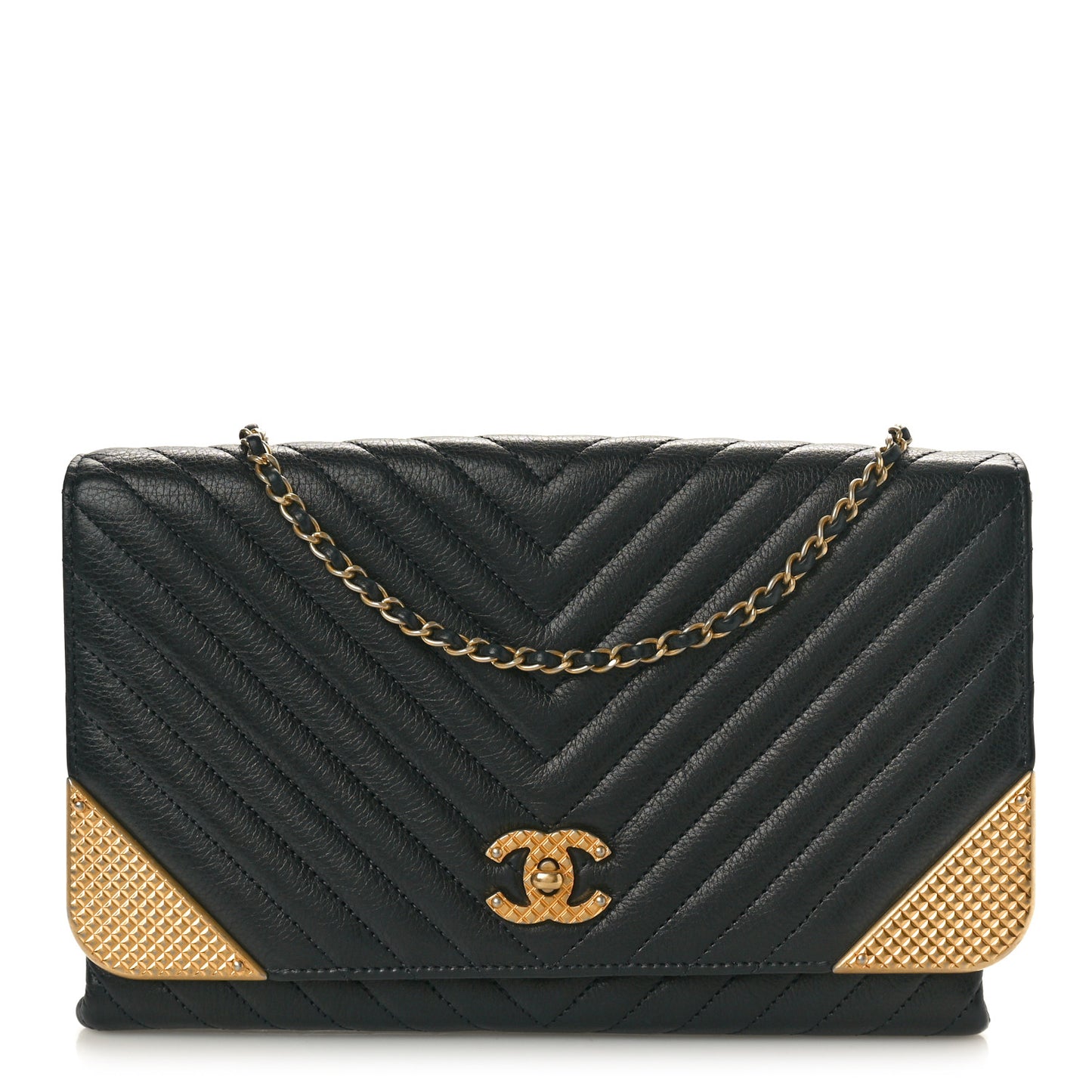 Calfskin Chevron Quilted Rock The Corner Clutch With Chain Black