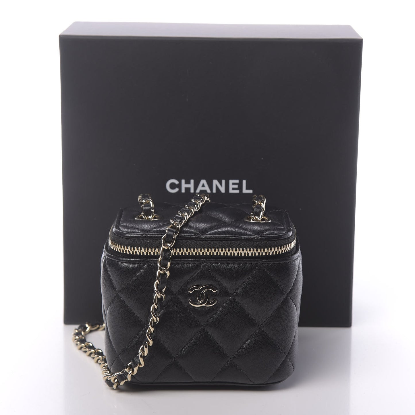 Lambskin Quilted Mini Vanity Case With Chain Black