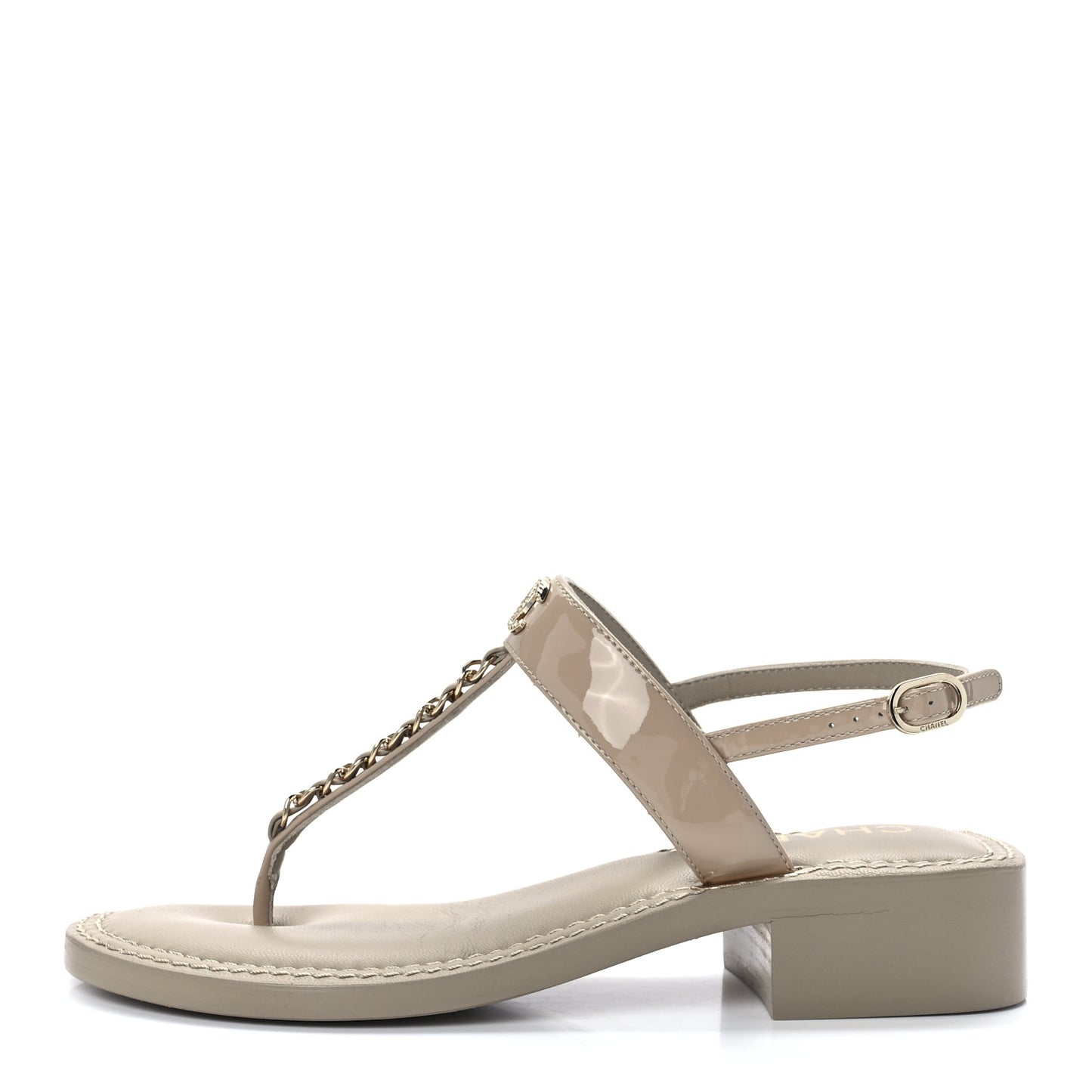Lambskin Patent Chain CC Logo Thong Sandals 35.5 Beige