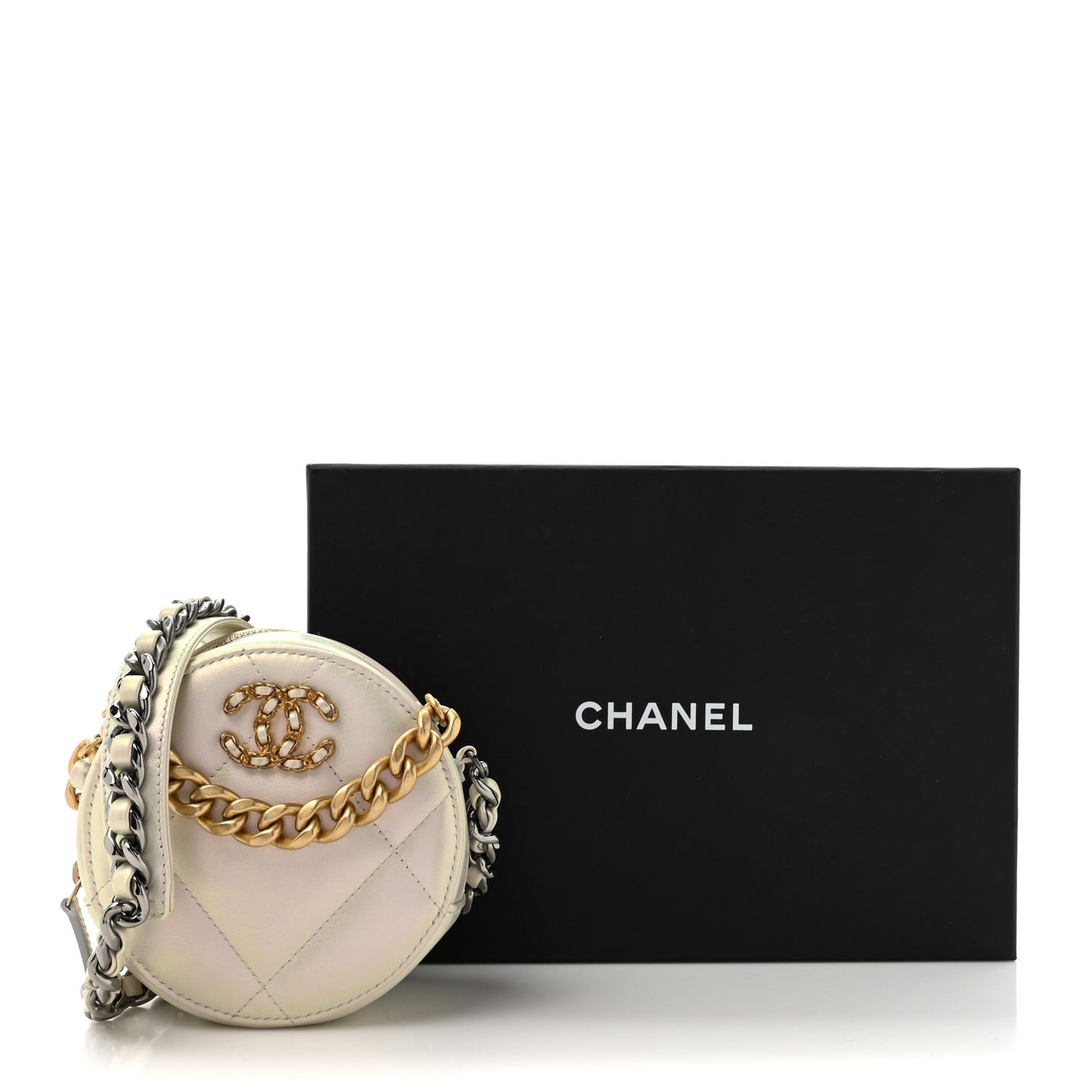 Iridescent Calfskin Quilted Chanel 19 Round Clutch With Chain White