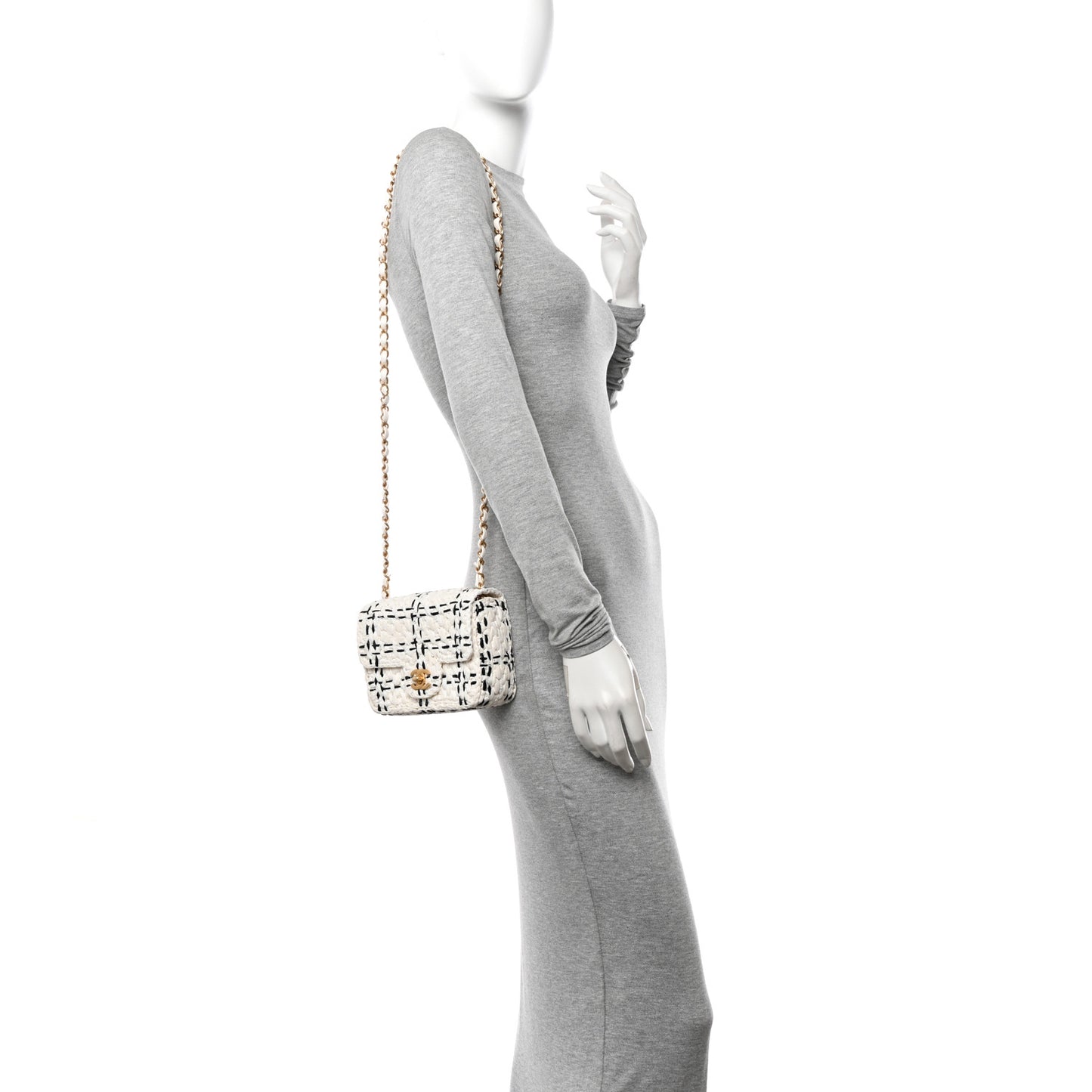 Raffia Effect Tweedy Mini Flap Bag White Black