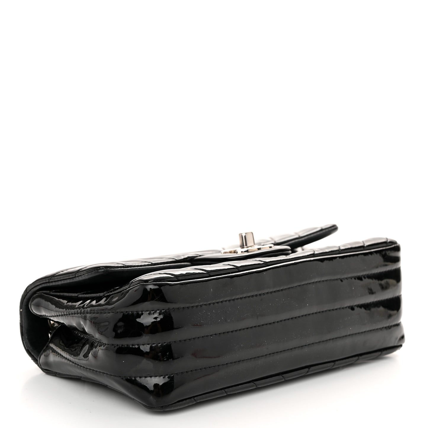 Patent Calfskin Chevron Quilted Mini Rectangular Flap Black