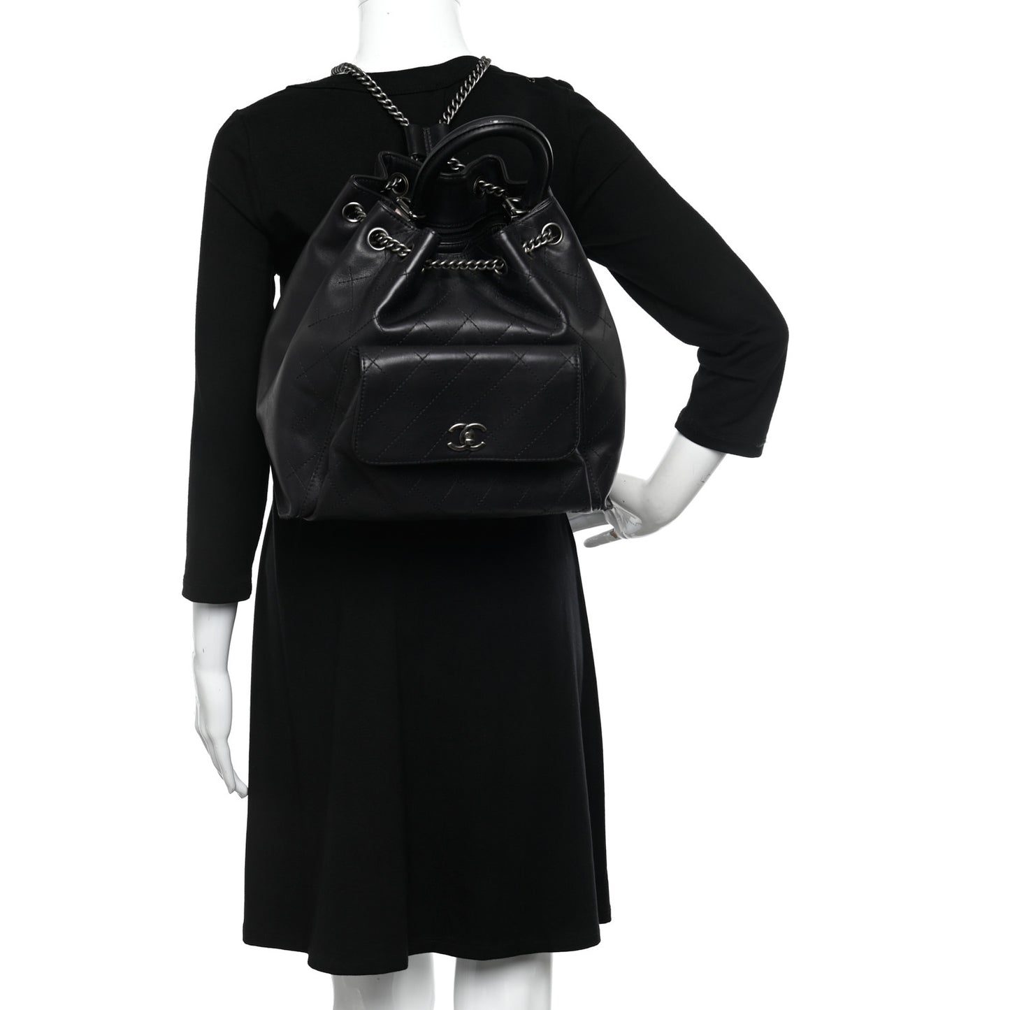 Calfskin Stitched Large Urban Luxury Drawstring Backpack Black