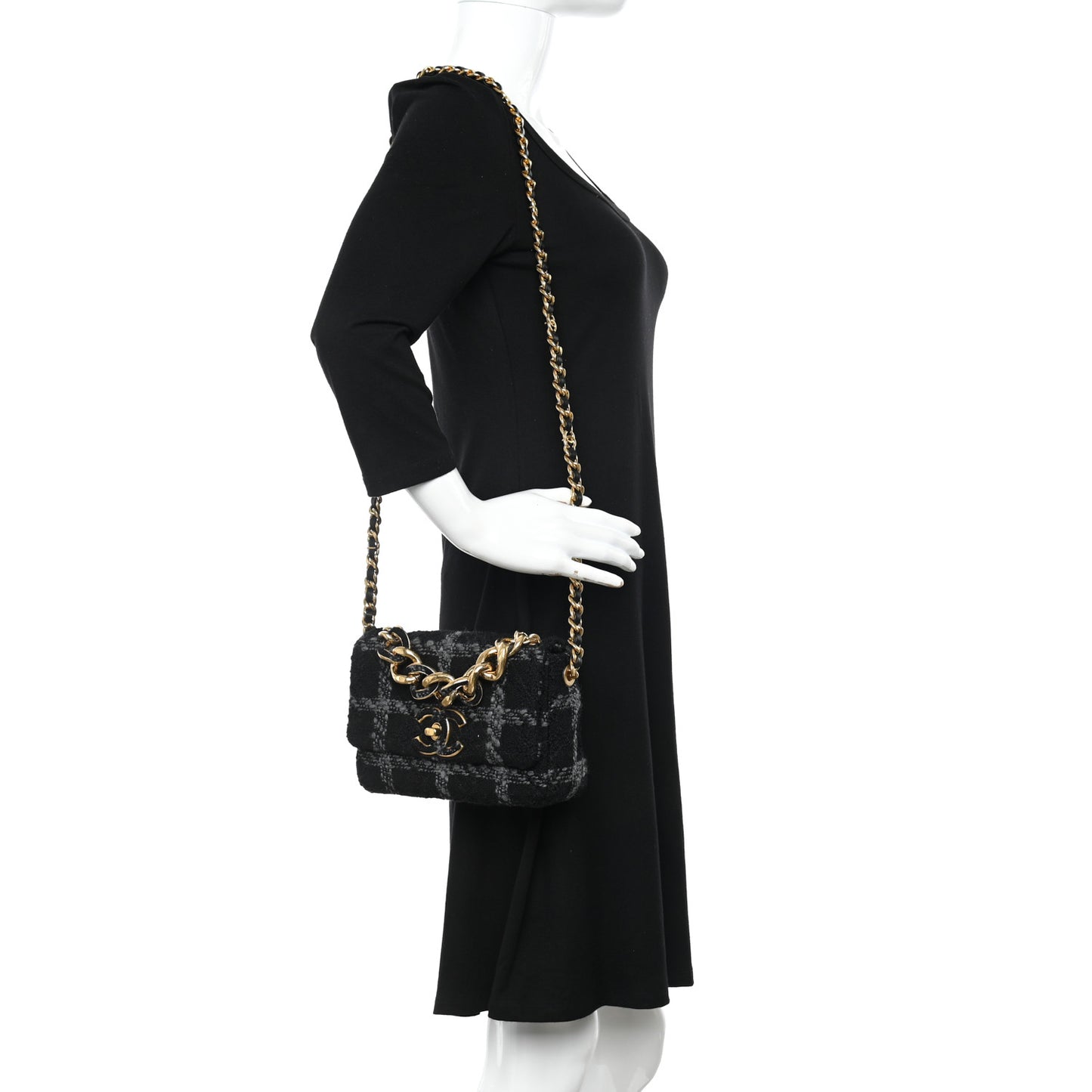 Wool Tweed Quilted Small Elegant Chain Flap Black Grey