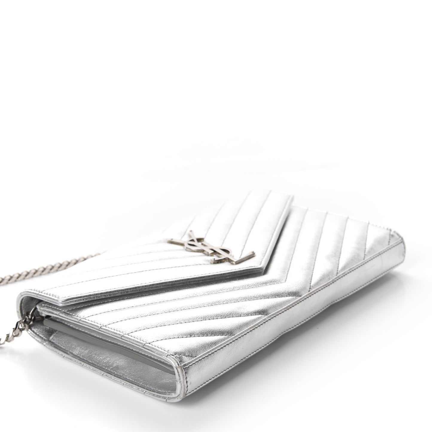 Metallic Lambskin Matelasse Chevron Monogram Chain Wallet Argento