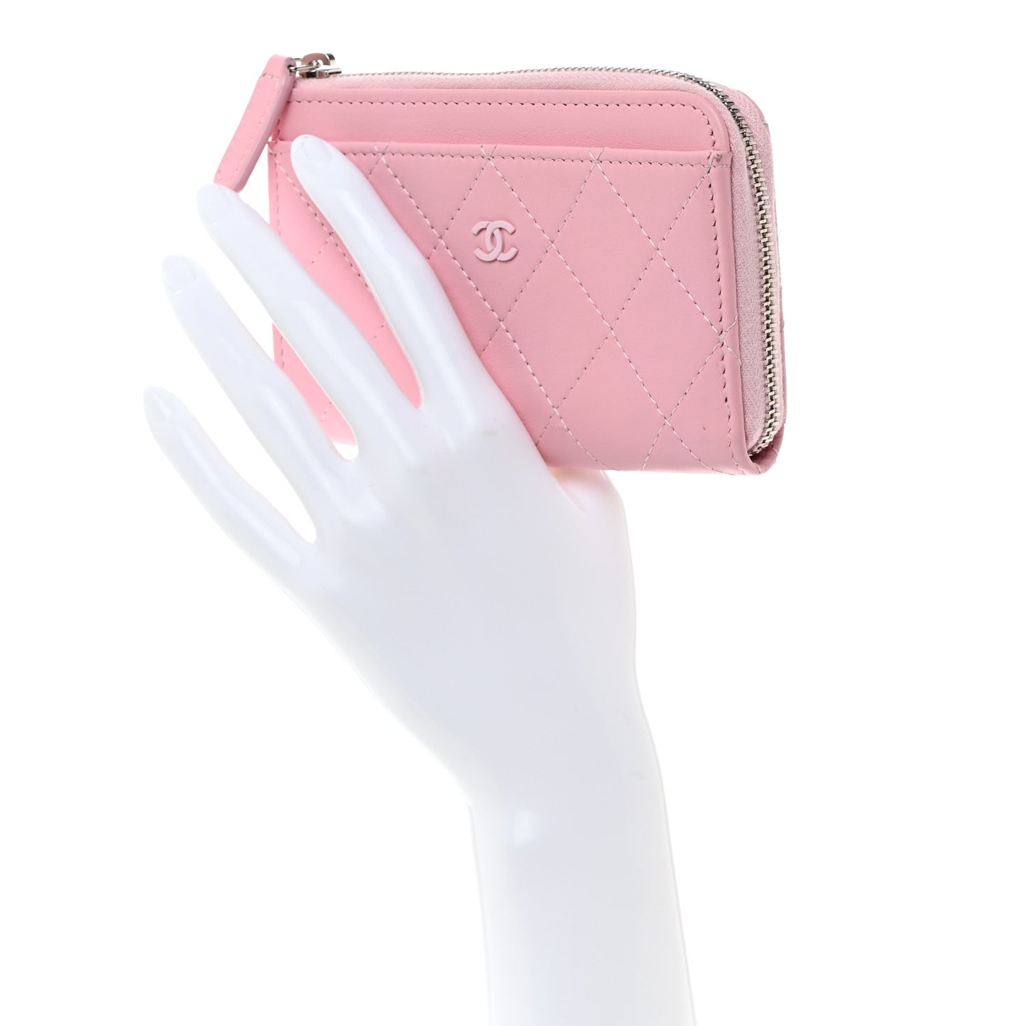 Lambskin Quilted Zip Card Holder Pink