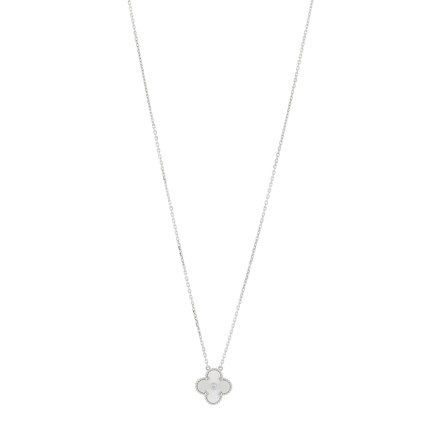 18K White Gold Diamond Guilloche Vintage Alhambra Pendant Necklace
