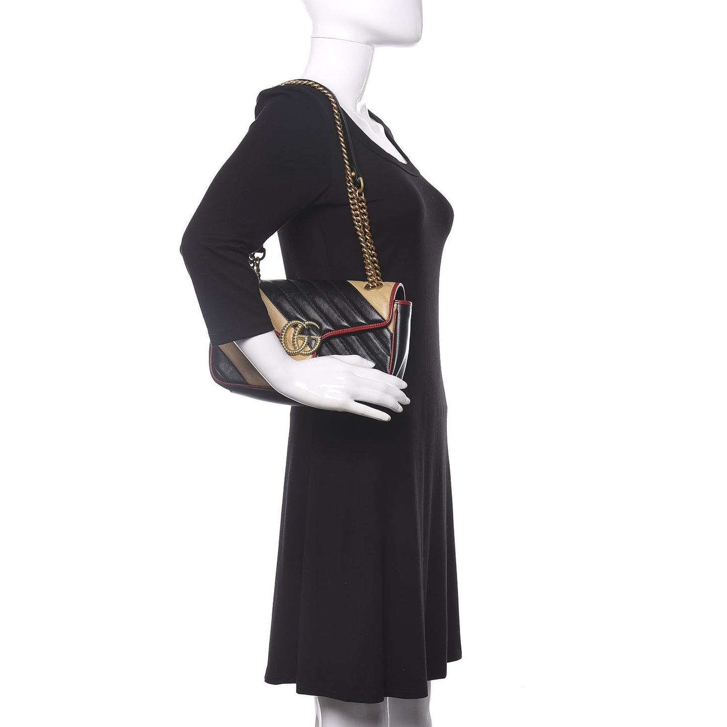 Vintage Effect Calfskin Matelasse Diagonal Striped Small Torchon GG Marmont Shoulder Bag Black Beige