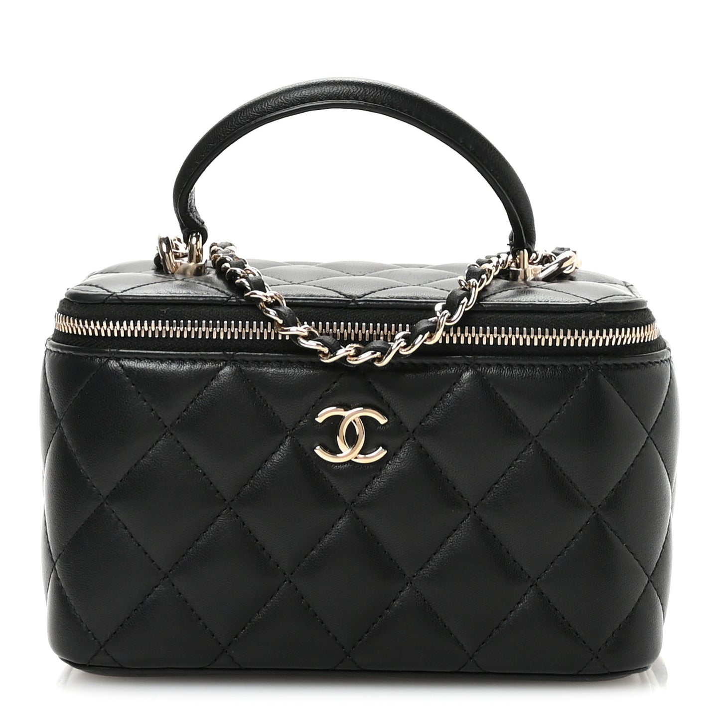 Lambskin Quilted Small Top Handle Vanity Case With Chain Black