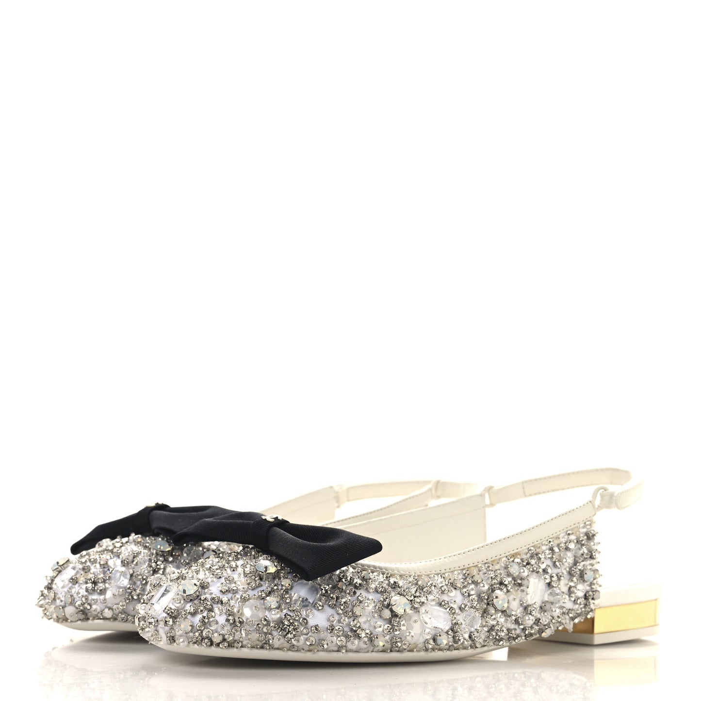 Satin Crystal Lambskin Grossgrain Bow CC Slingback Flats 38 White Black