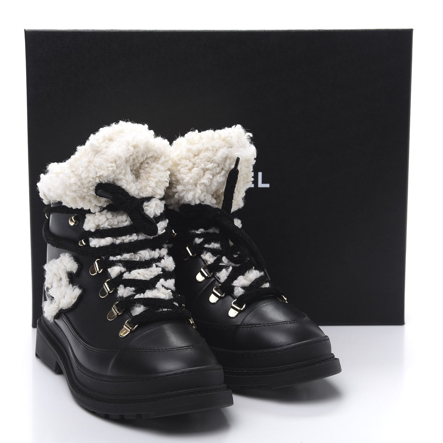 Calfskin Shearling CC Lace Up Boots 38 Black