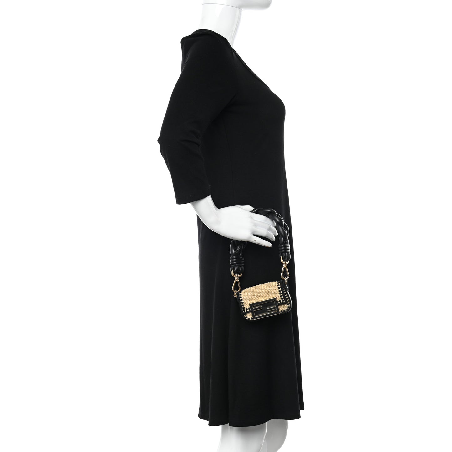 Straw Shiny Nappa Woven Nano Baguette Maxi Handle Charm Natural Black
