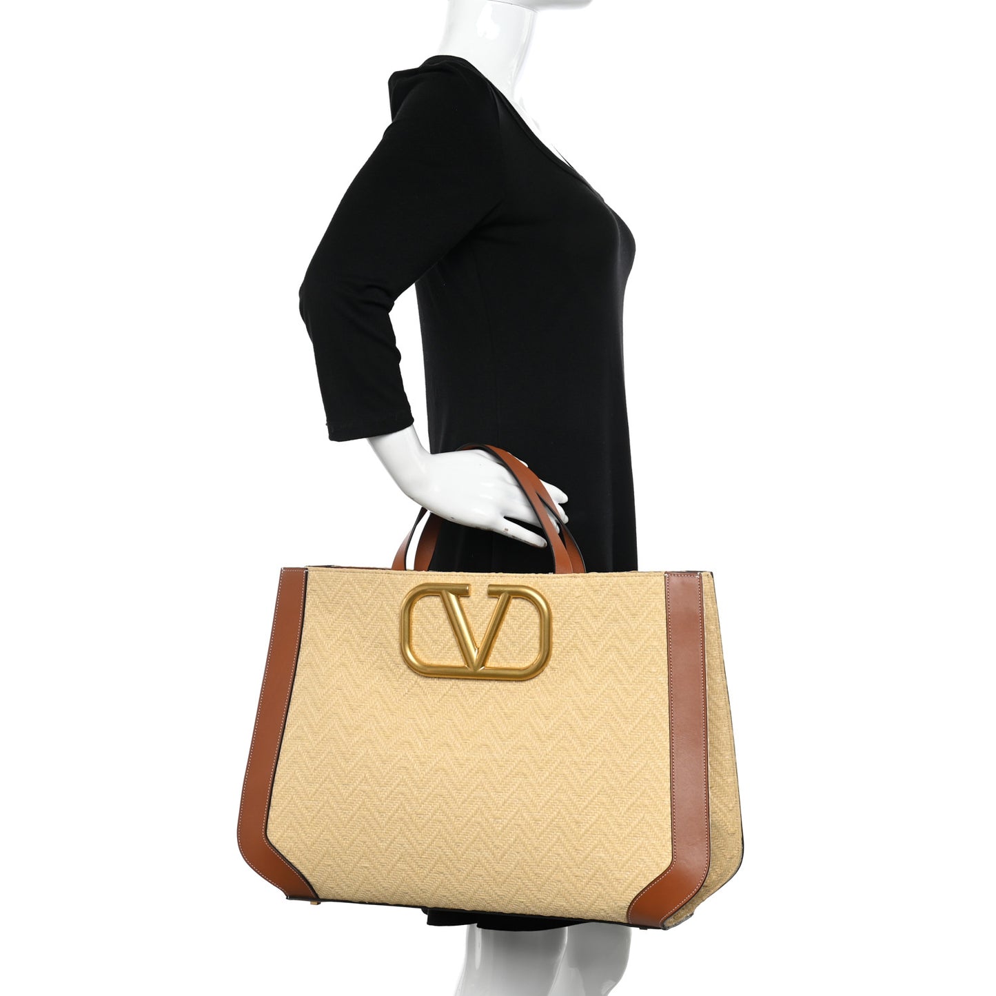 Raffia Calfskin Large Vlogo Shoulder Tote Naturale Saddle Brown