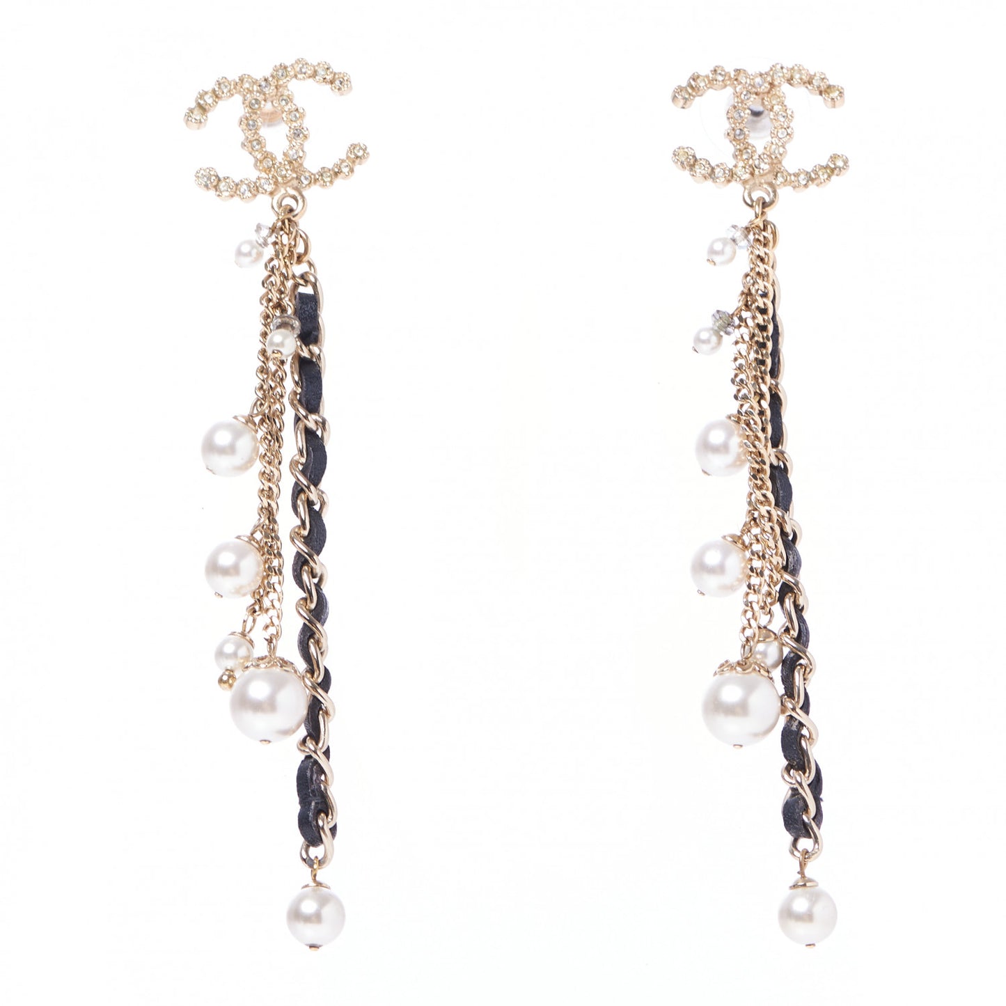 Pearl Crystal Lambskin Chain CC Dangle Earrings Gold