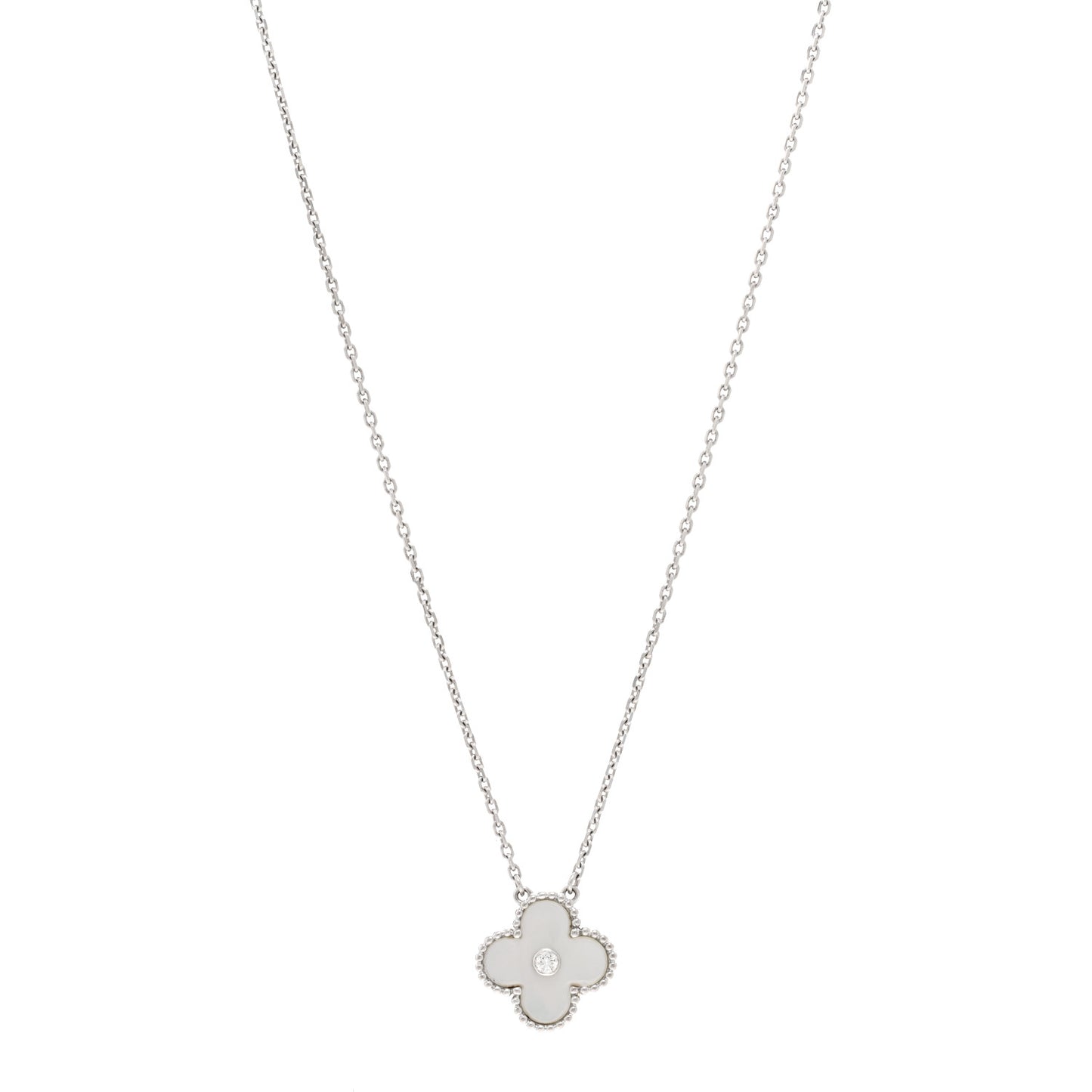 18K White Gold Diamond Mother of Pearl Vintage Alhambra Pendant Necklace