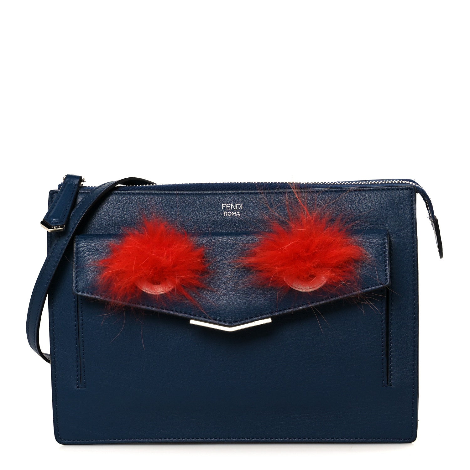Fendi Vitello Dolce Fox Fur Monster Eyes Mini 2Jours Pouch Navy