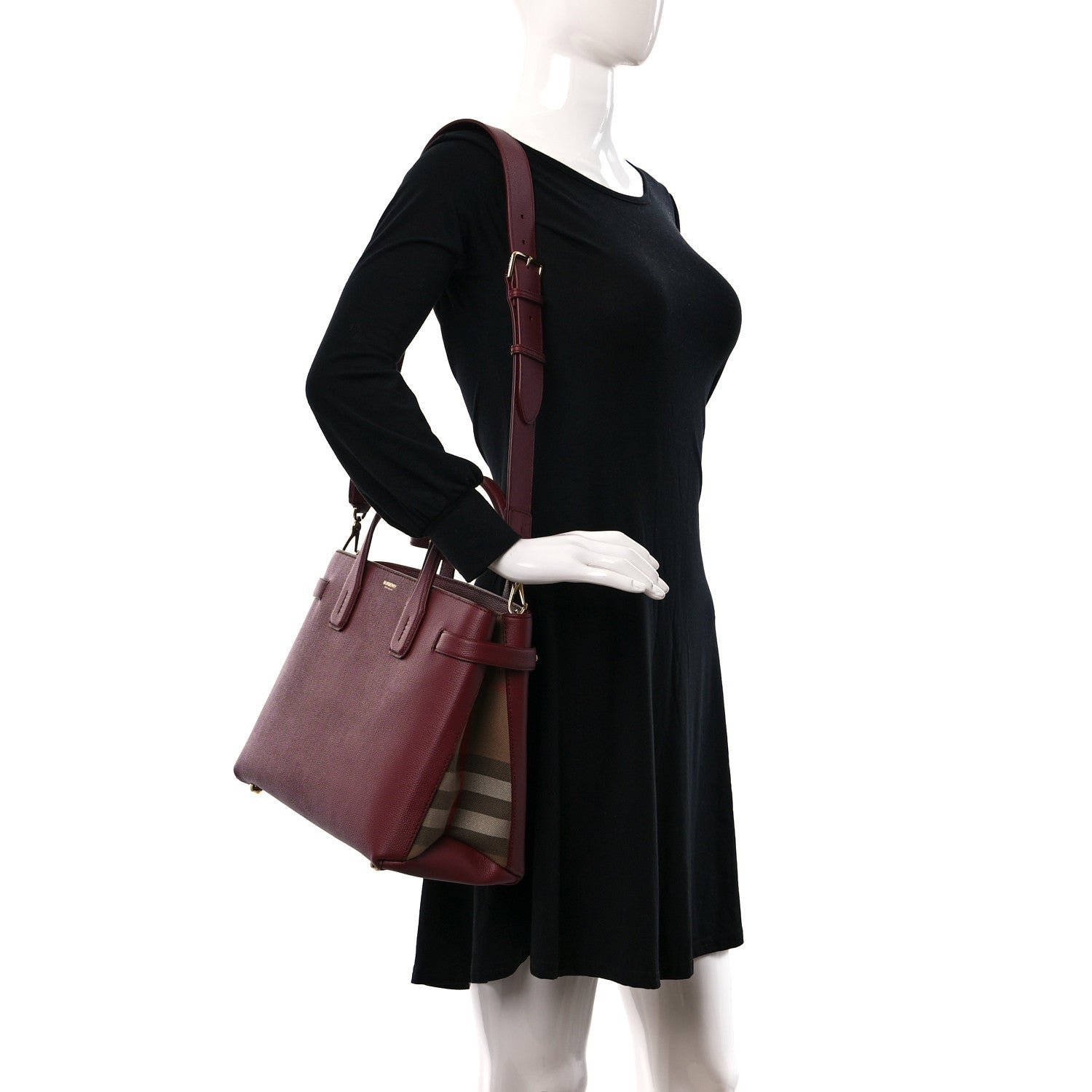 Burberry Derby Calfskin House Check Medium Banner Tote Crimson 3 of 8
