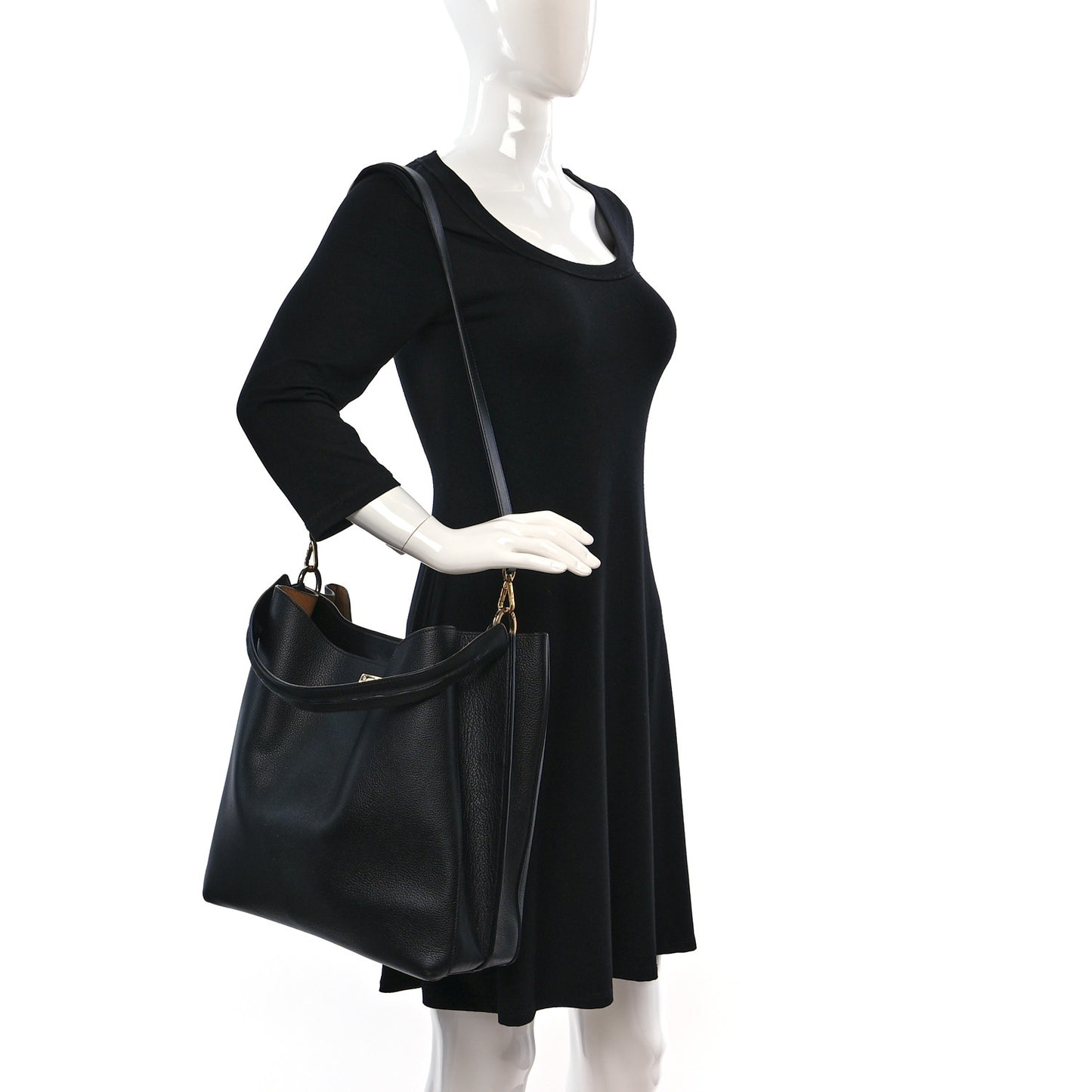 Grained Calfskin Milla Drawstring Bucket Bag Black