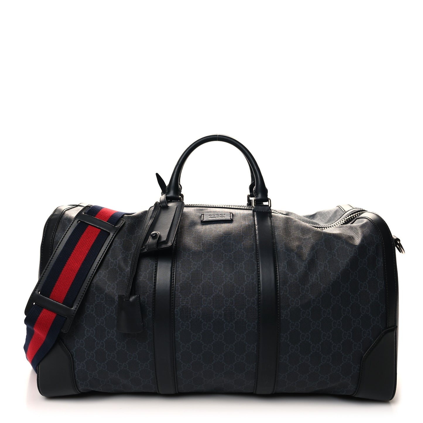 Soft GG Supreme Monogram Appia Calfskin Web Large Carry On Duffle Bag Black Grey