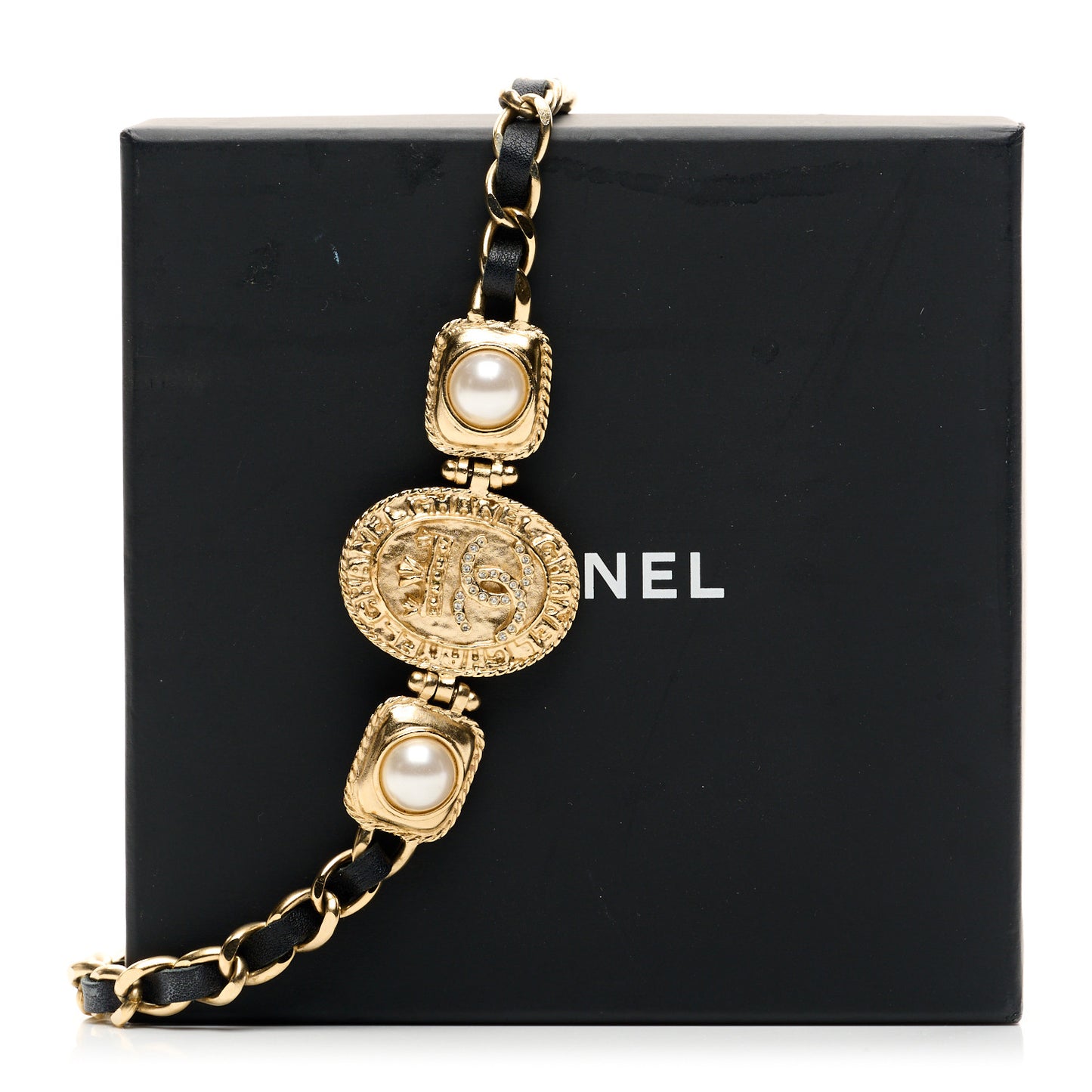 Lambskin Pearl CC Oval Shield Choker Necklace Gold Black