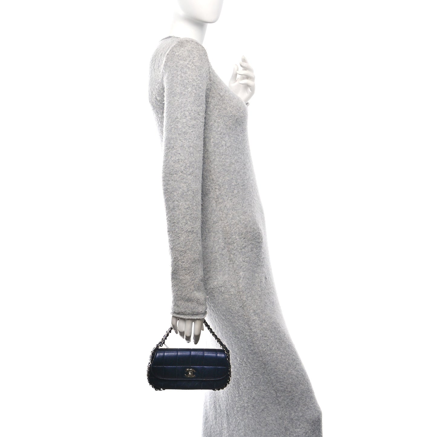 Lambskin Chocolate Bar Quilted 3 Chain Flap Navy Blue