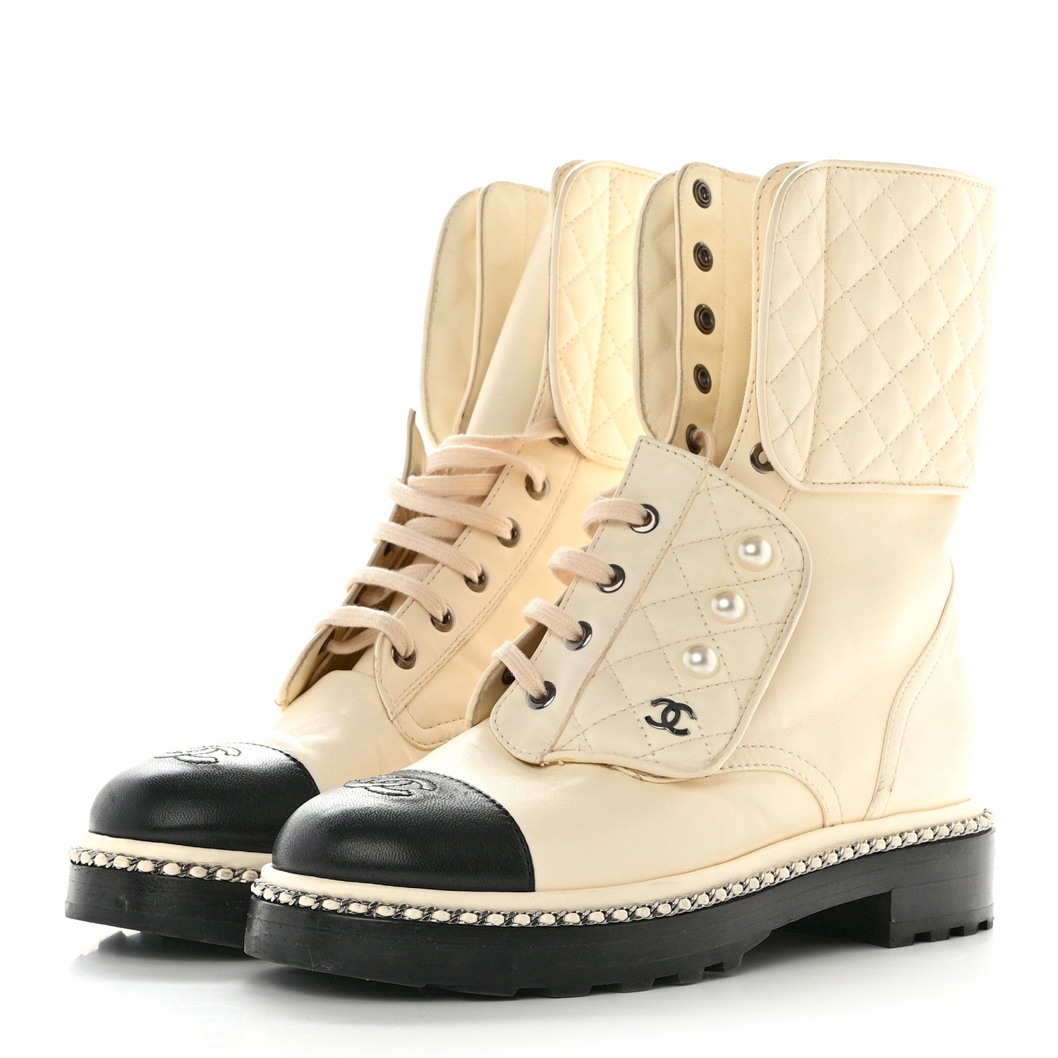 Chanel Lambskin Pearl Chain CC Combat Boots 38 Ivory Black 3 of 11