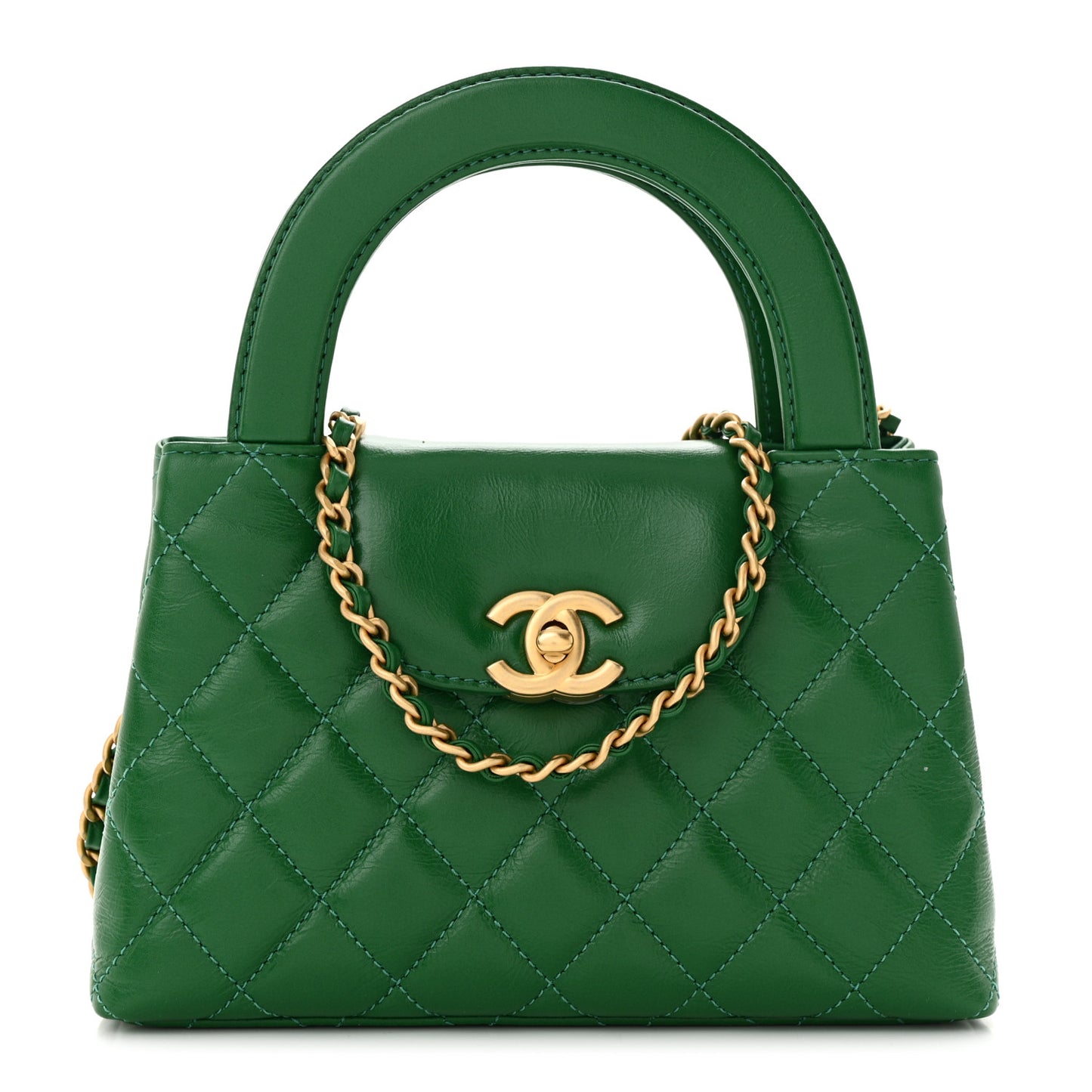 Shiny Aged Calfskin Quilted Nano Kelly Shopper Green