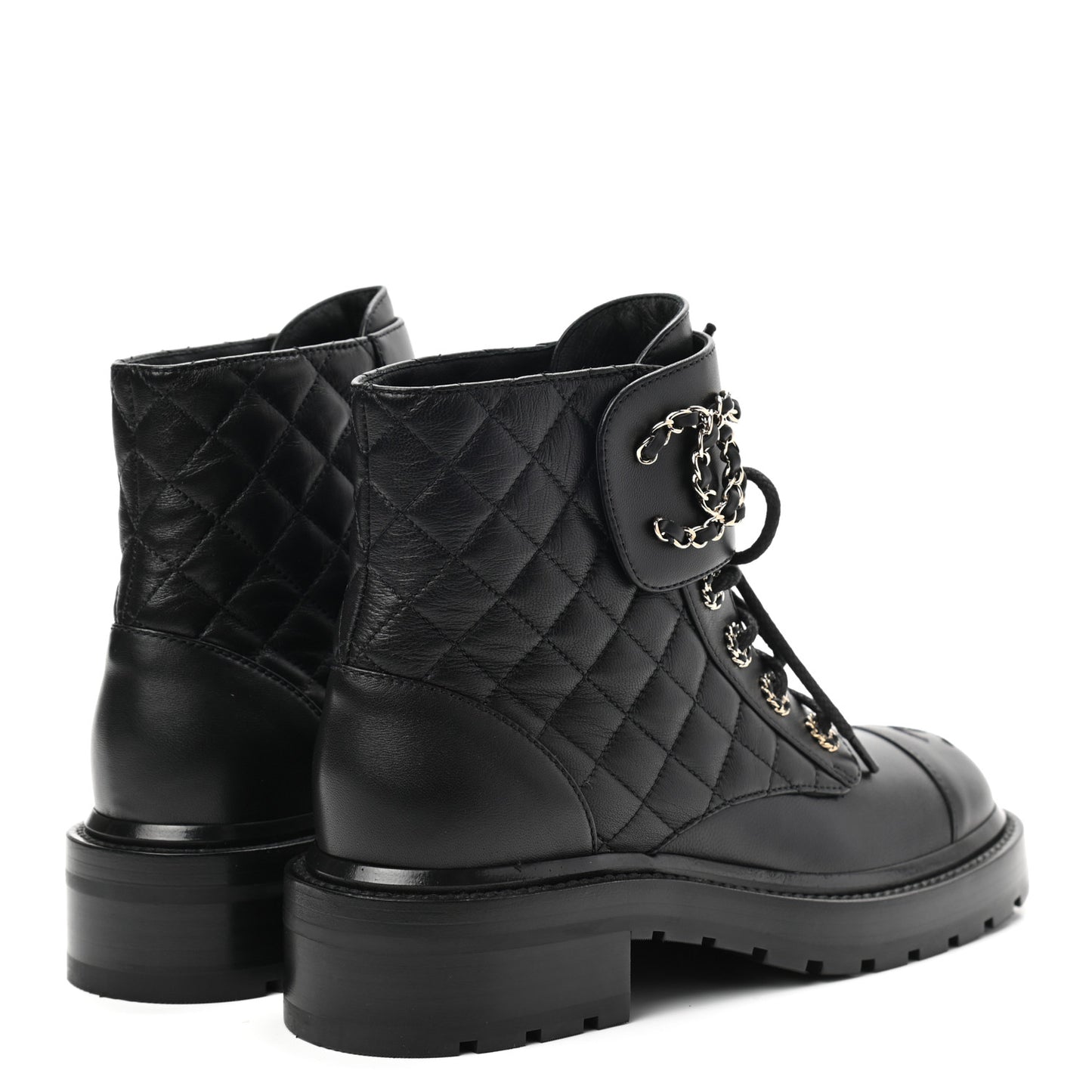Shiny Lambskin Quilted Lace Up Combat Boots 37 Black