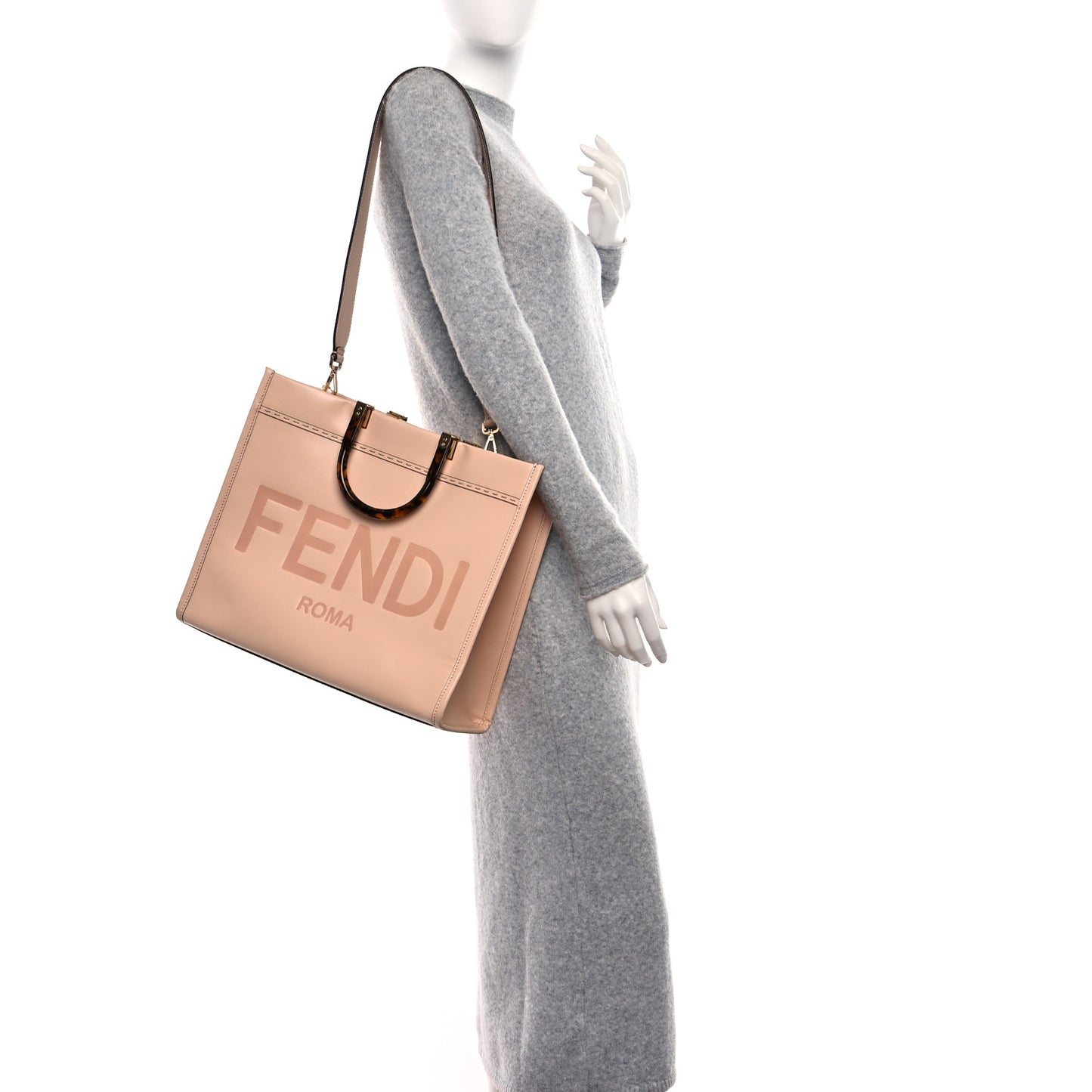 Vitello King Plexiglass Logo Embossed Medium Fendi Sunshine Shopper Tote Light Rose