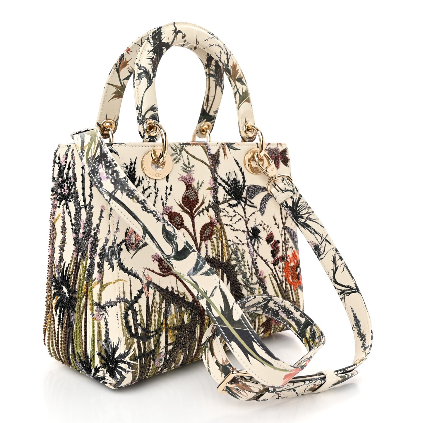 Calfskin Beaded Embroidered Jardin Naturel Mini Lady Dior White Multicolor