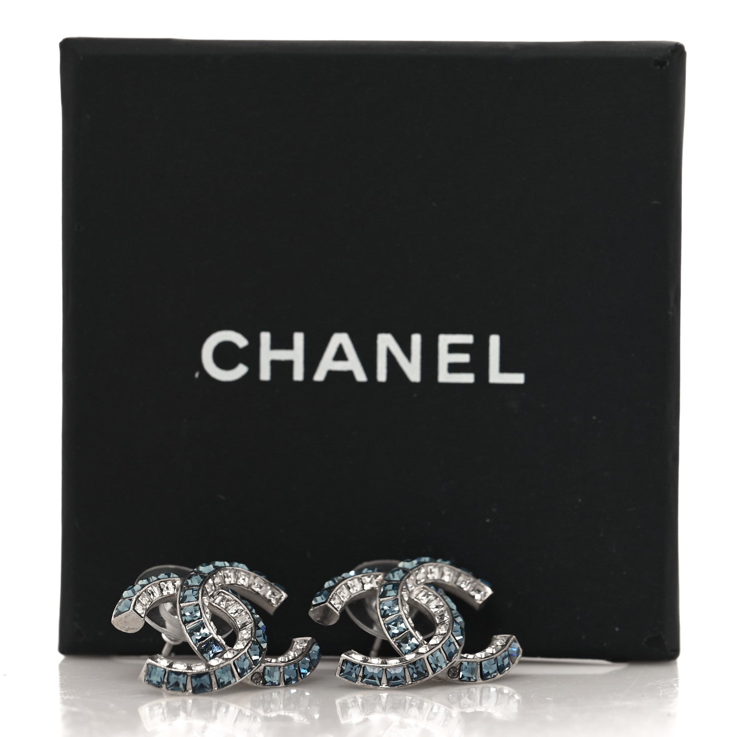 Chanel Metal Baguette Crystal CC Earrings Silver Blue 5 of 5