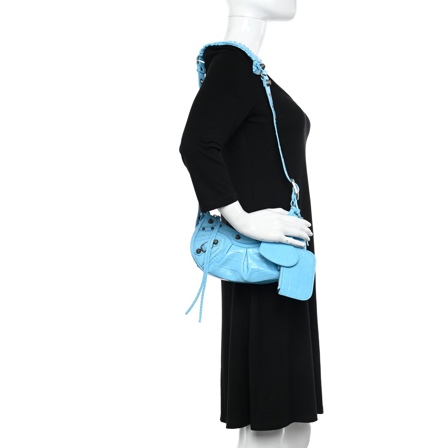 Extra Supple Calfskin Crocodile Embossed Le Cagole Shoulder Bag XS Sky Blue