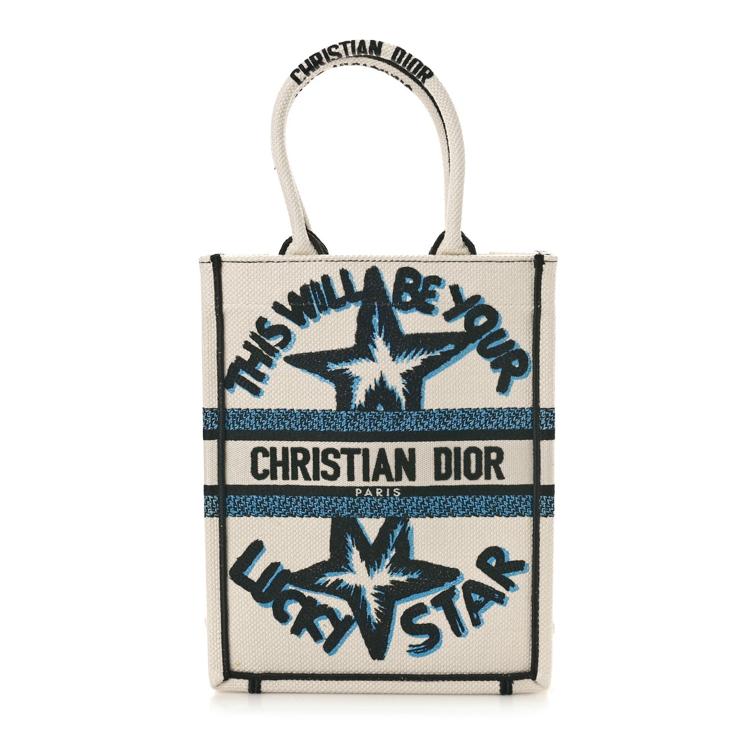 Canvas Embroidered Vertical Lucky Star Book Tote White Multicolor