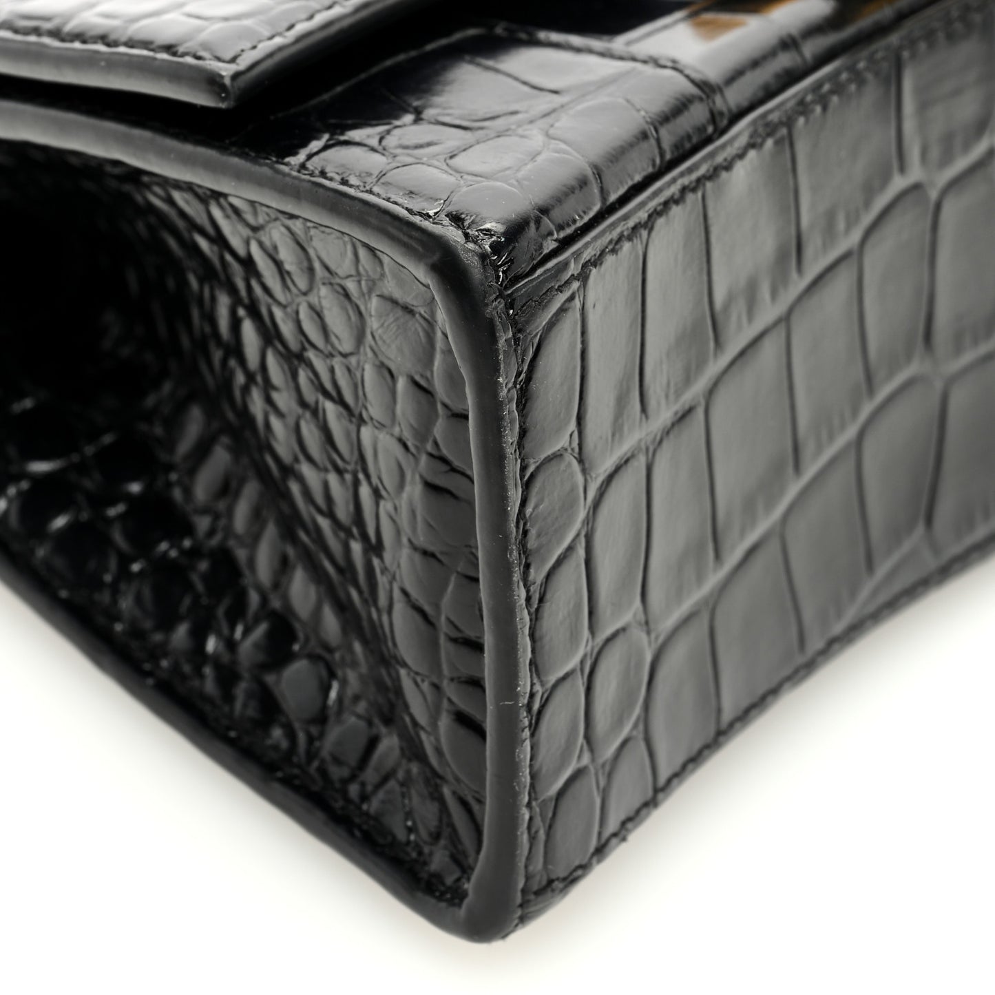 Shiny Calfskin Crocodile Embossed Hourglass Top Handle Bag XS Black