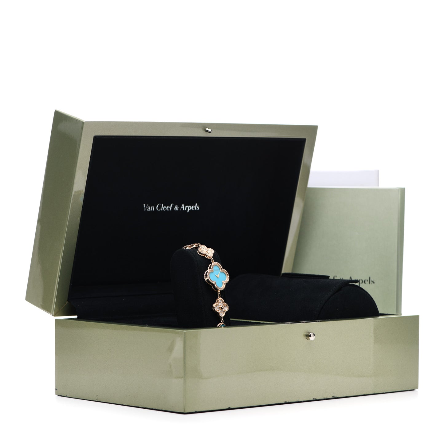 18K Yellow Gold Diamond Turquoise 23mm Alhambra Quartz Watch