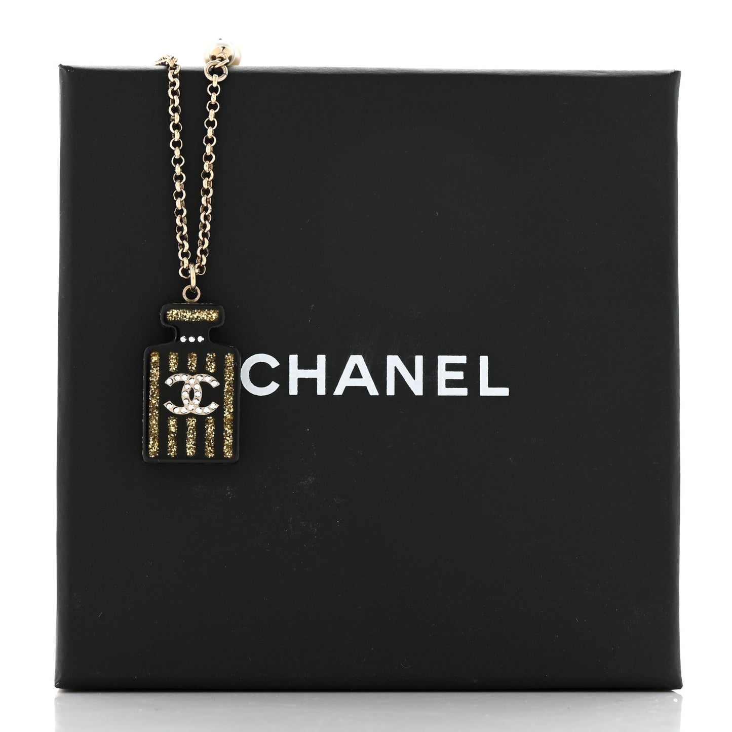 Resin Strass Pearl Perfume Bottle CC Necklace Black Gold