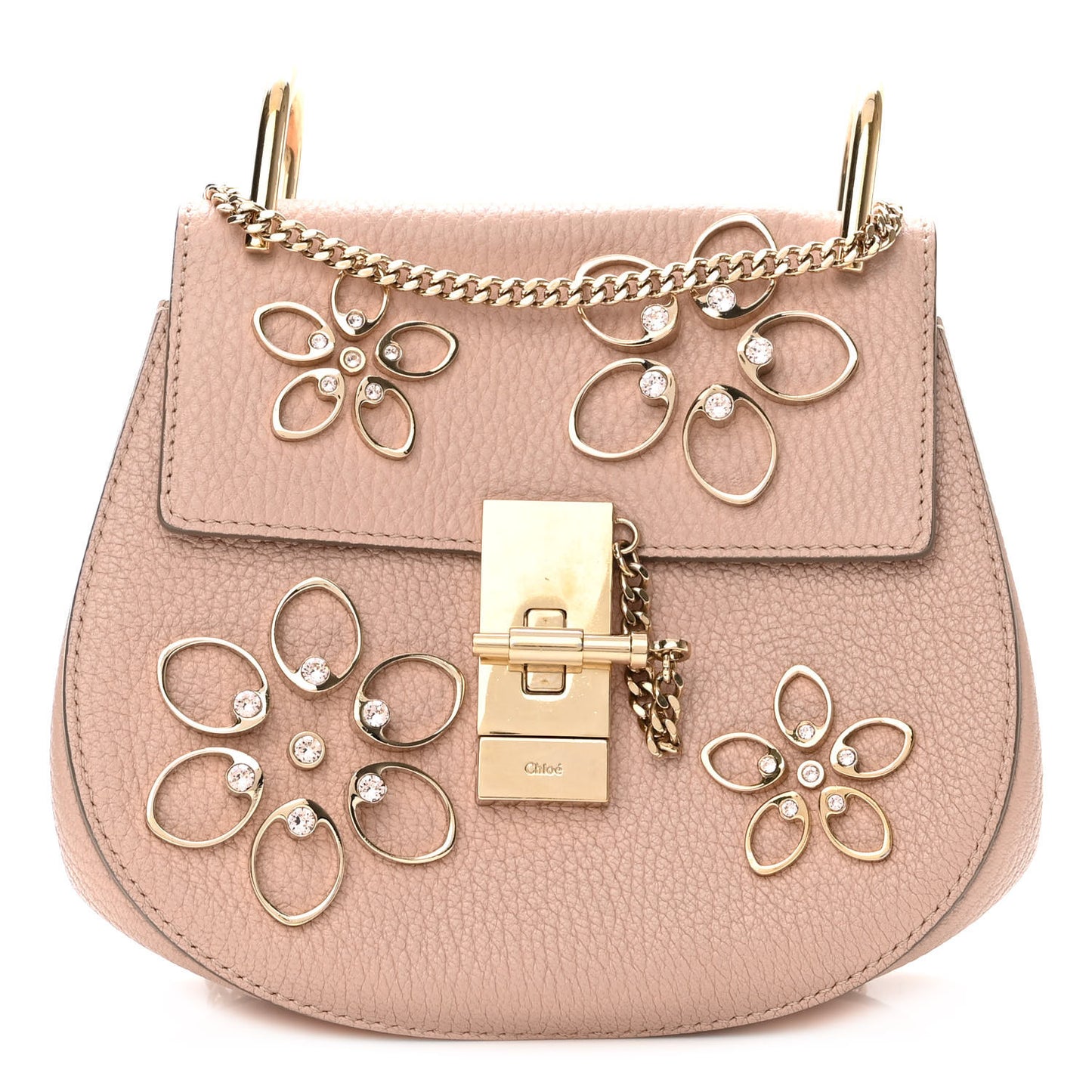 Grained Lambskin Flower Crystal Embellished Mini Drew Shoulder Bag Cement Pink